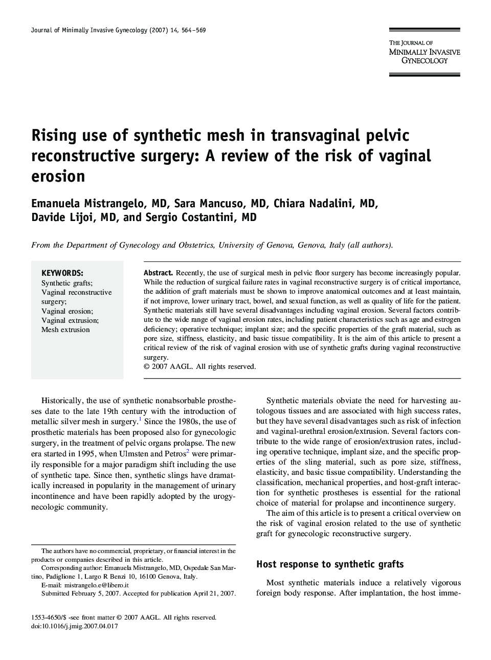 Rising use of synthetic mesh in transvaginal pelvic reconstructive surgery: A review of the risk of vaginal erosion 