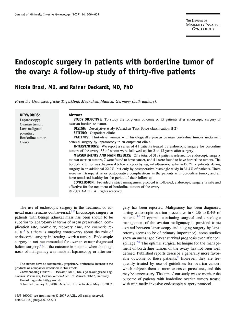 Endoscopic surgery in patients with borderline tumor of the ovary: A follow-up study of thirty-five patients 