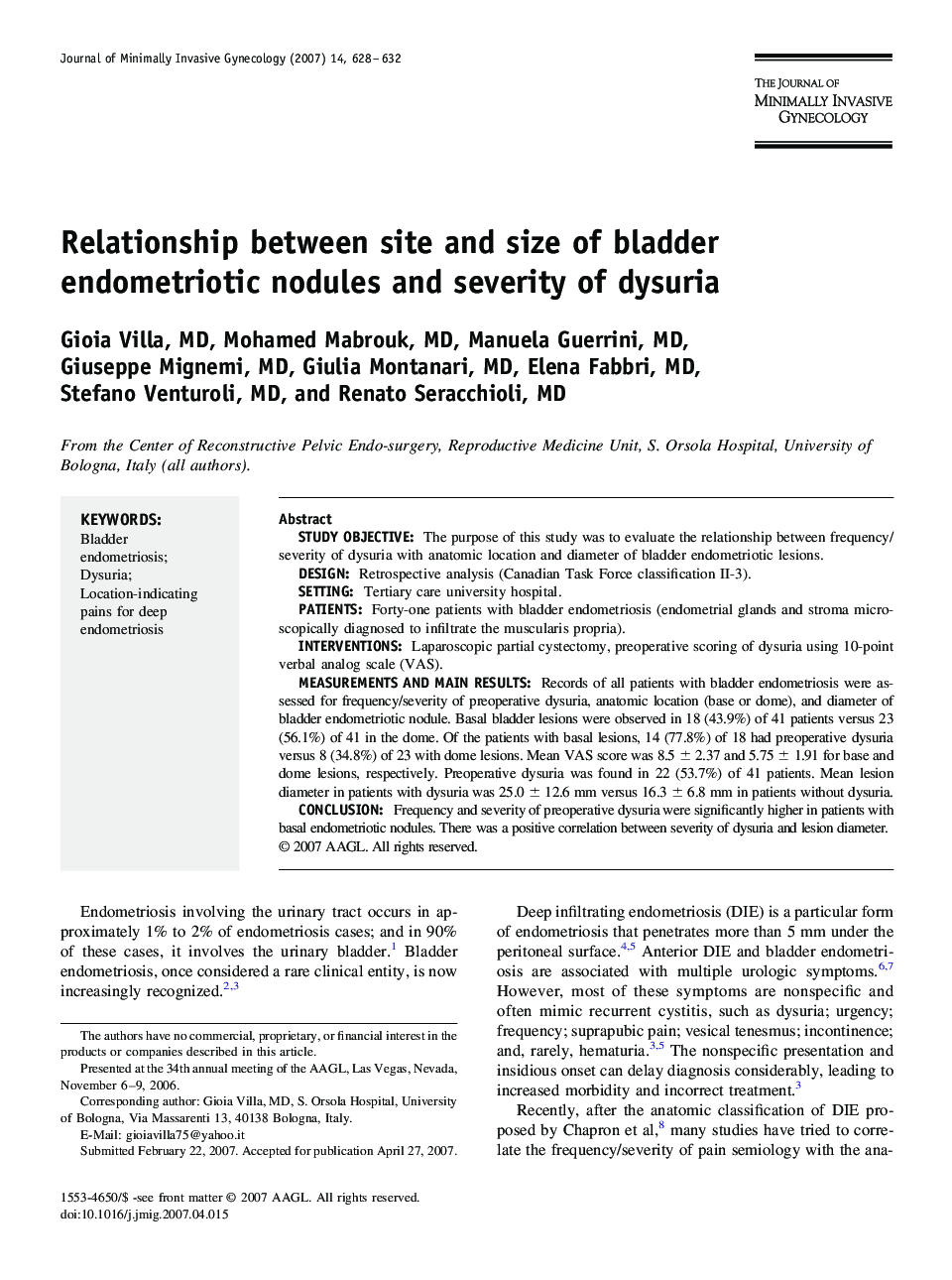 Relationship between site and size of bladder endometriotic nodules and severity of dysuria