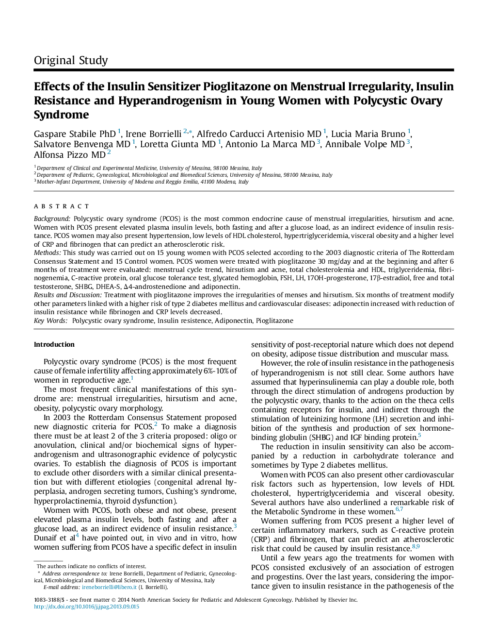 Effects of the Insulin Sensitizer Pioglitazone on Menstrual Irregularity, Insulin Resistance and Hyperandrogenism in Young Women with Polycystic Ovary Syndrome 