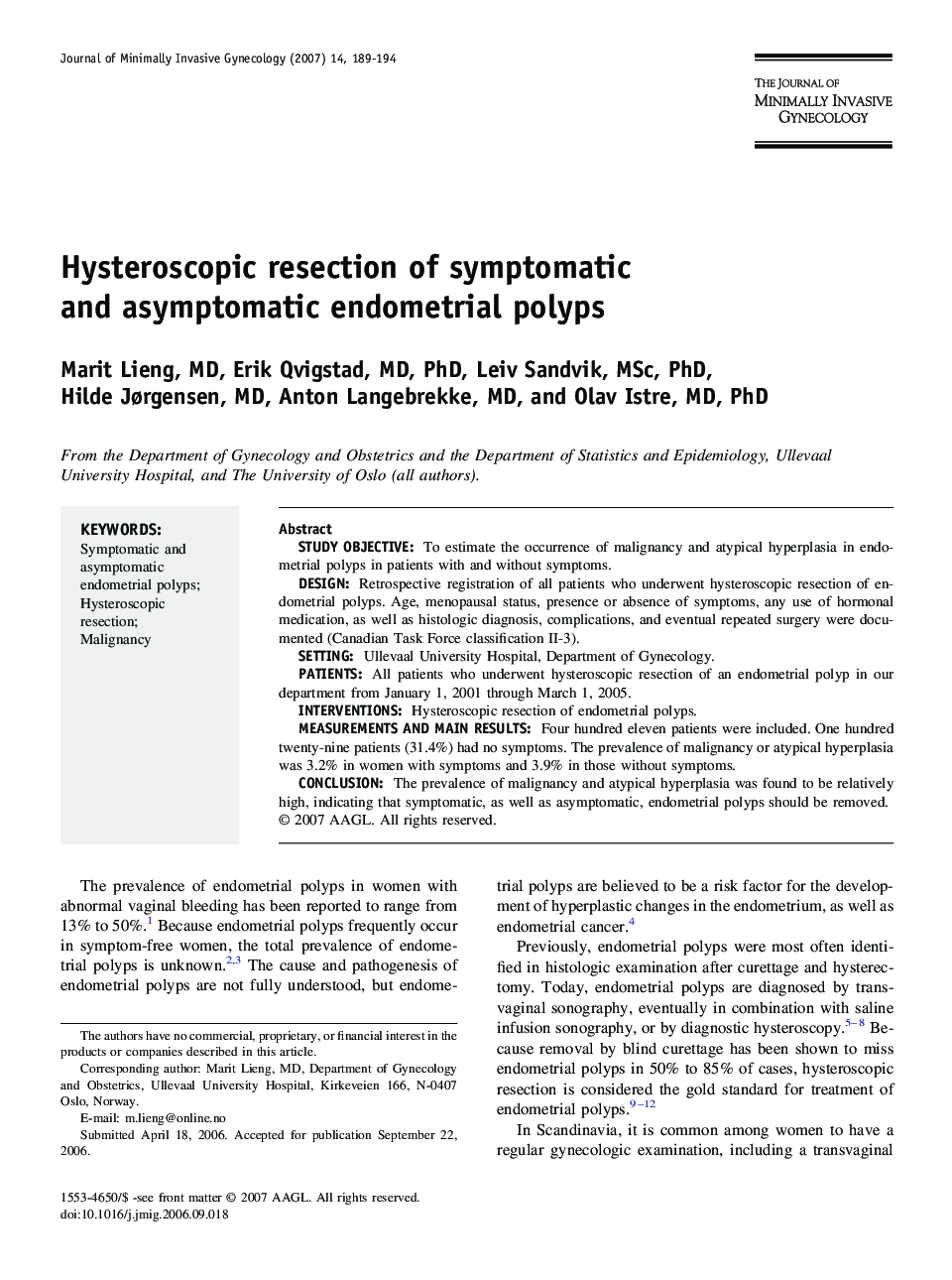 Hysteroscopic resection of symptomatic and asymptomatic endometrial polyps 