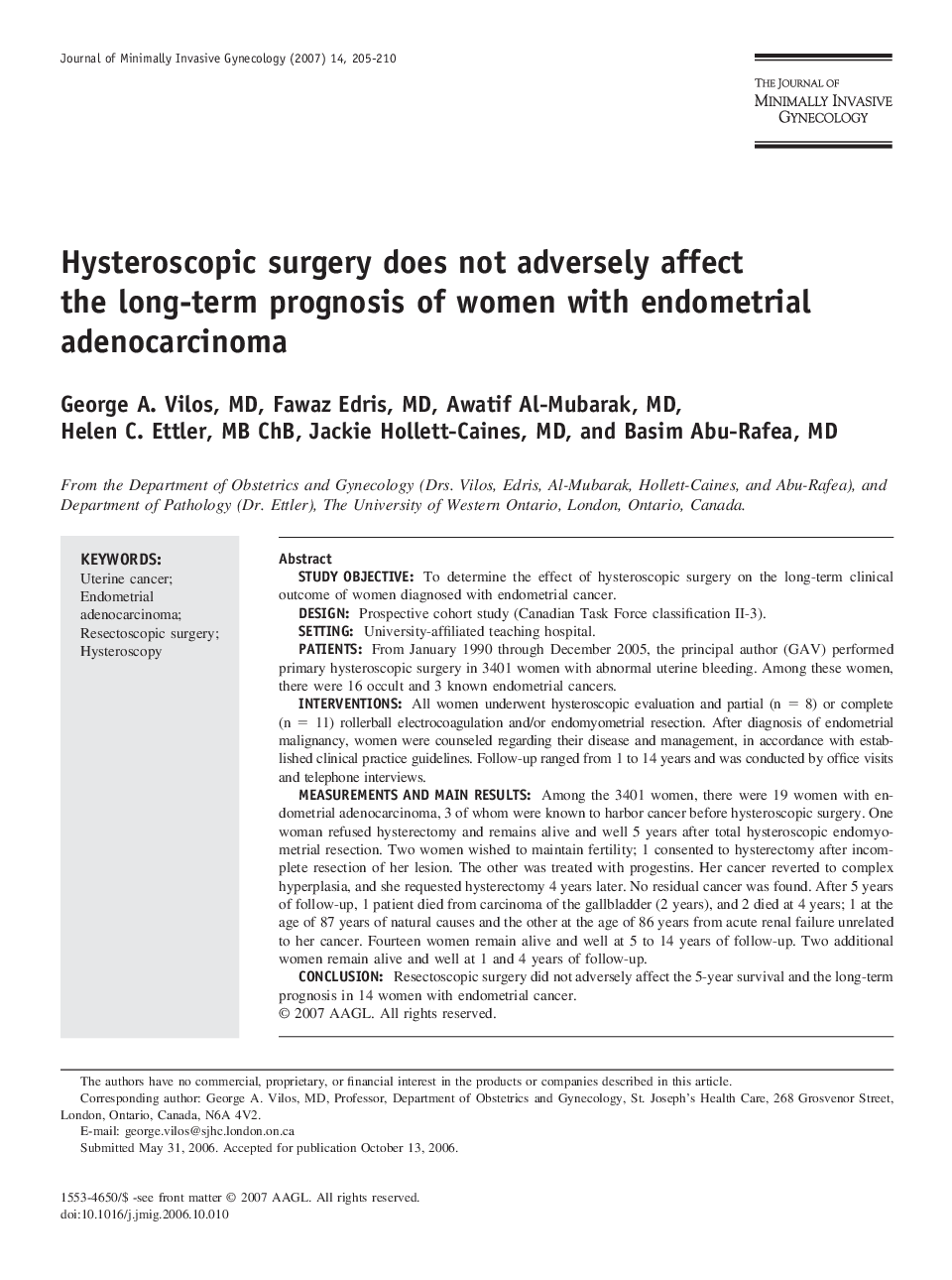 Hysteroscopic surgery does not adversely affect the long-term prognosis of women with endometrial adenocarcinoma 