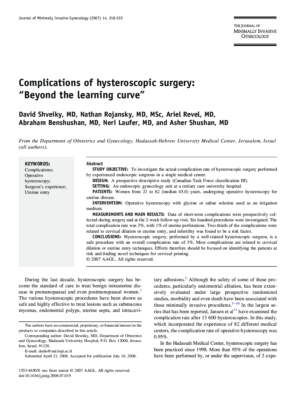 Complications of hysteroscopic surgery: “Beyond the learning curve” 