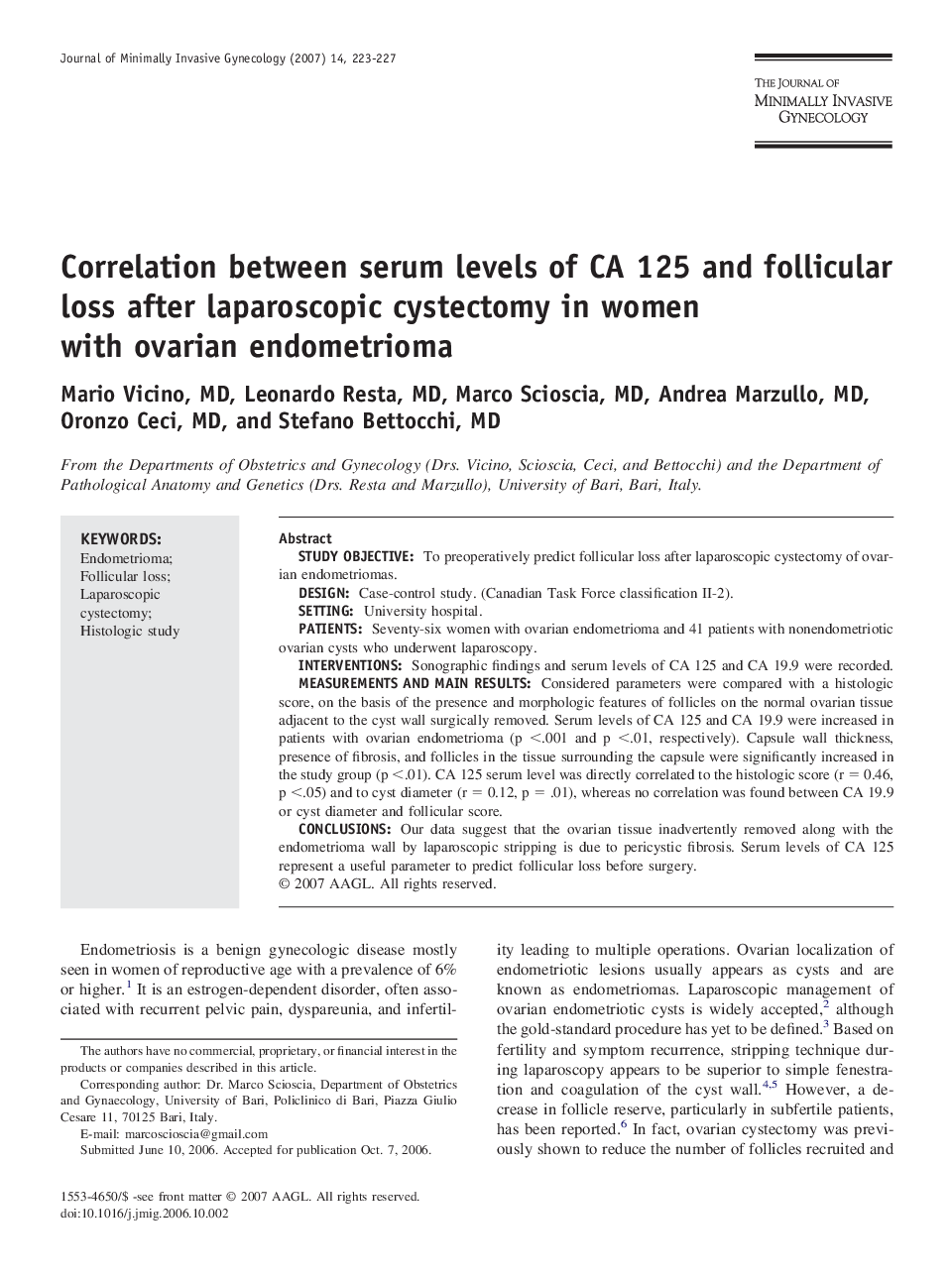 Correlation between serum levels of CA 125 and follicular loss after laparoscopic cystectomy in women with ovarian endometrioma