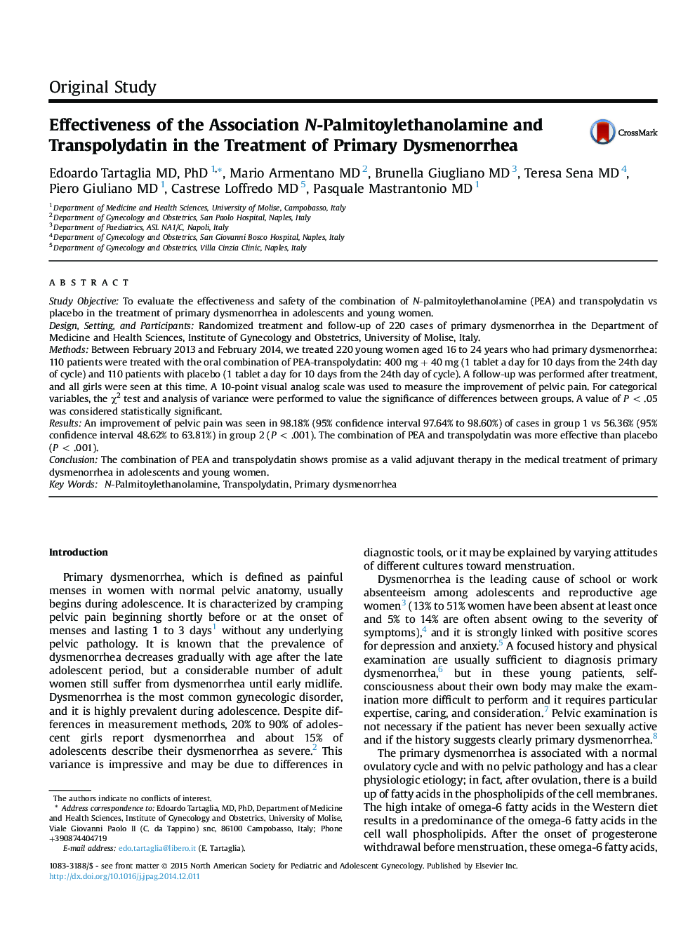 Effectiveness of the Association N-Palmitoylethanolamine and Transpolydatin in the Treatment of Primary Dysmenorrhea 