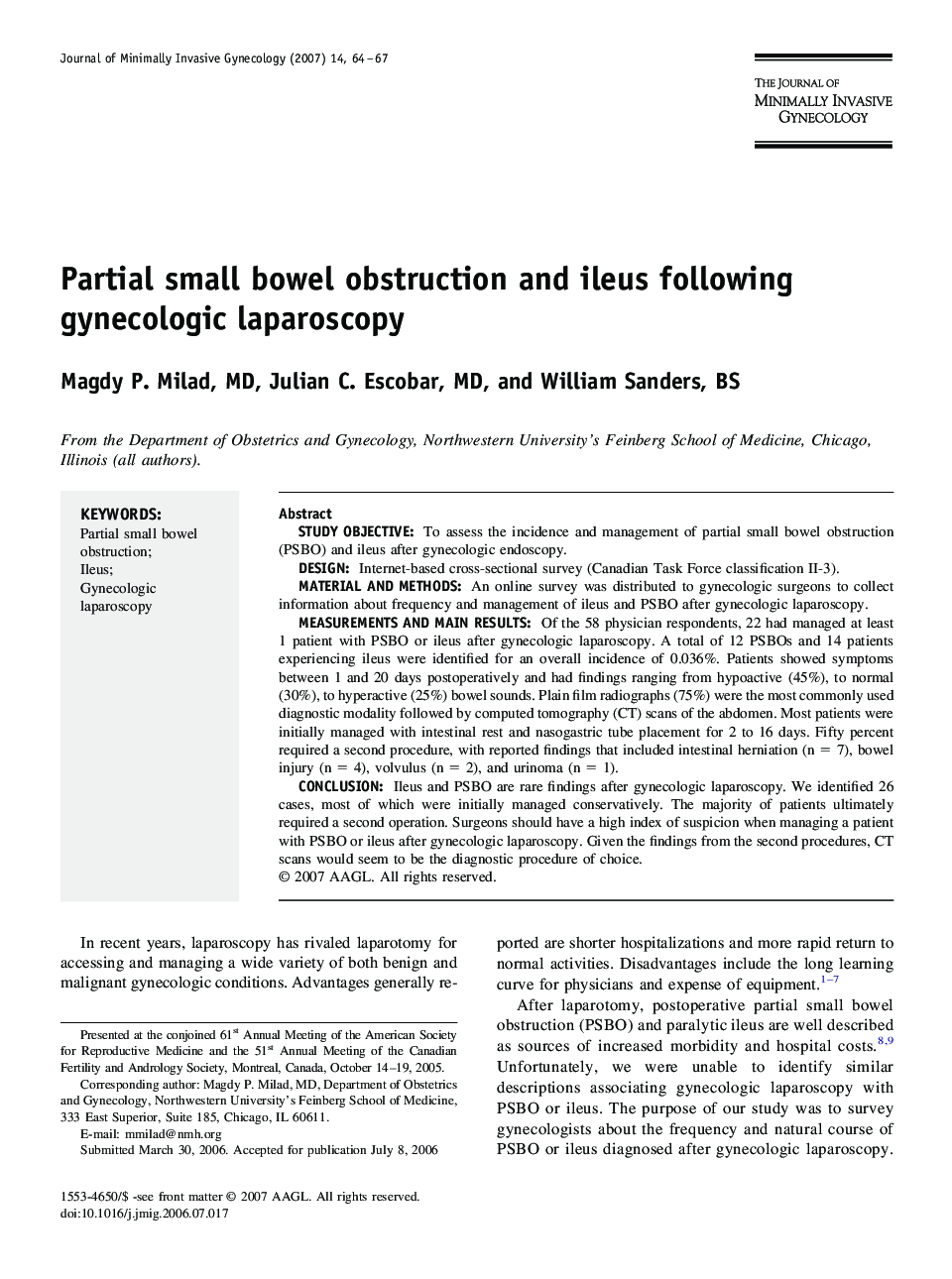 Partial small bowel obstruction and ileus following gynecologic laparoscopy