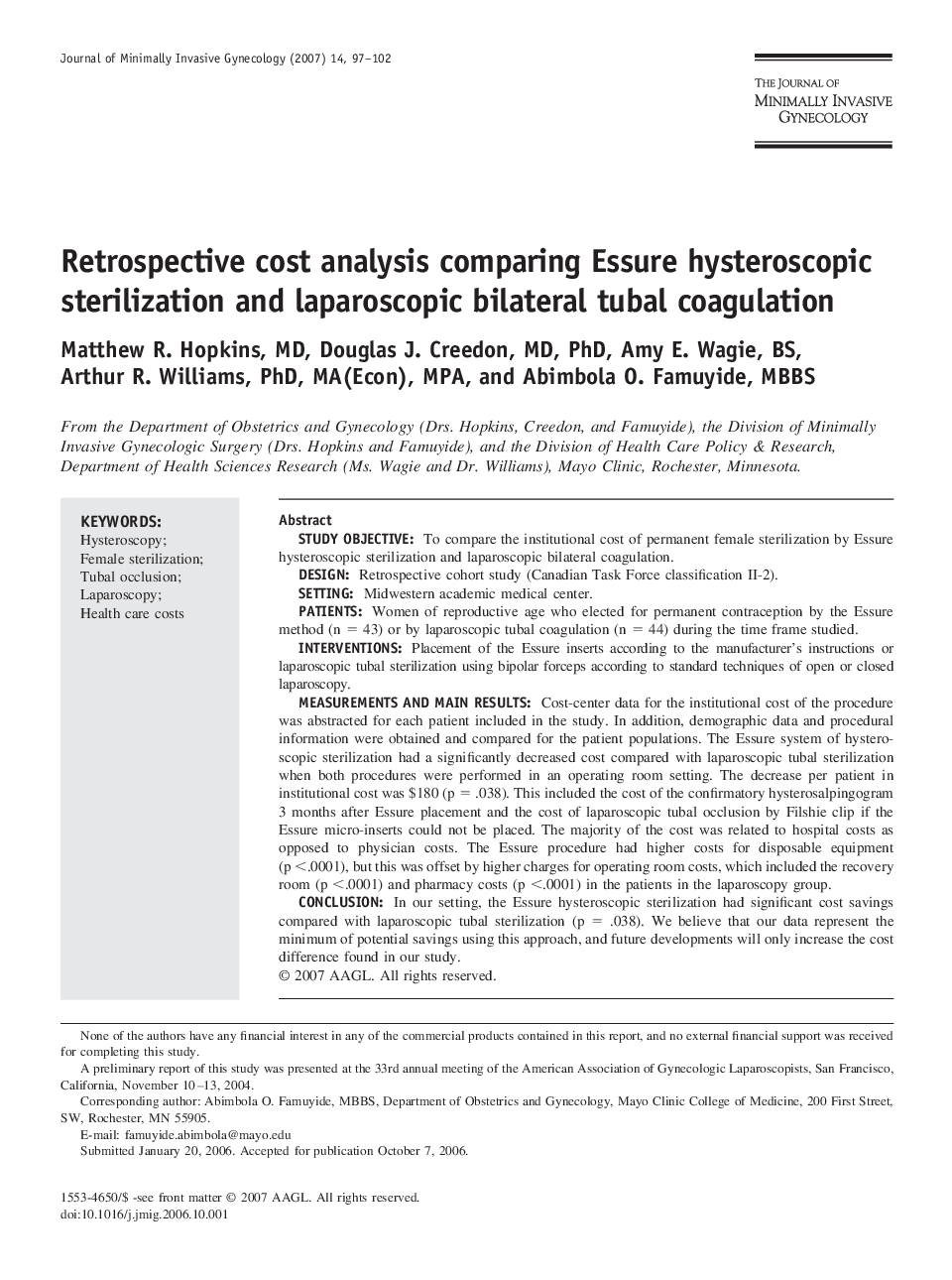 Retrospective cost analysis comparing Essure hysteroscopic sterilization and laparoscopic bilateral tubal coagulation 