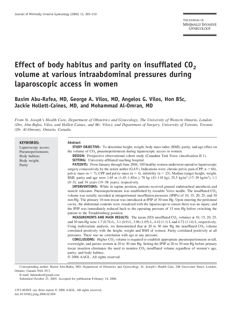 Effect of body habitus and parity on insufflated CO2 volume at various intraabdominal pressures during laparoscopic access in women