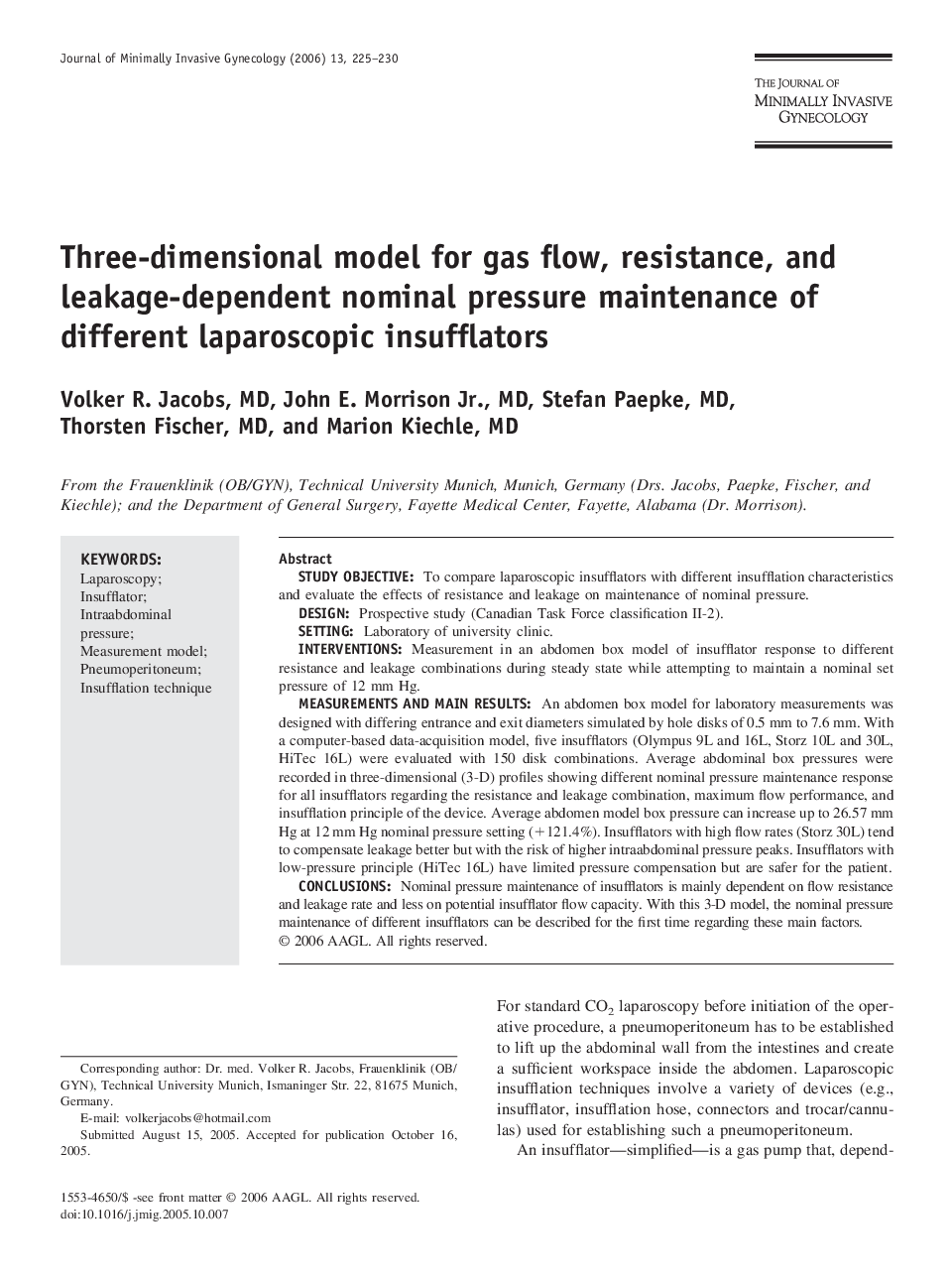 Three-dimensional model for gas flow, resistance, and leakage-dependent nominal pressure maintenance of different laparoscopic insufflators