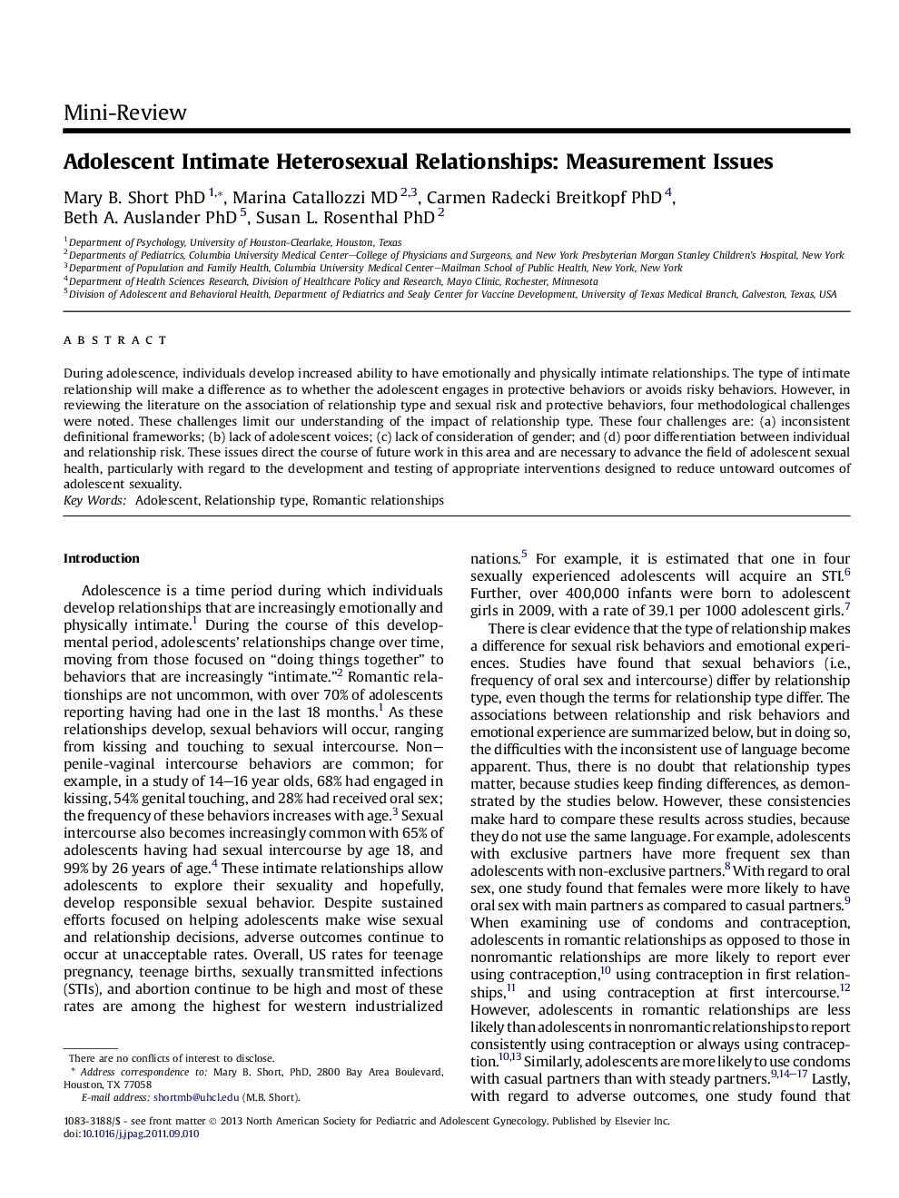 Adolescent Intimate Heterosexual Relationships: Measurement Issues 