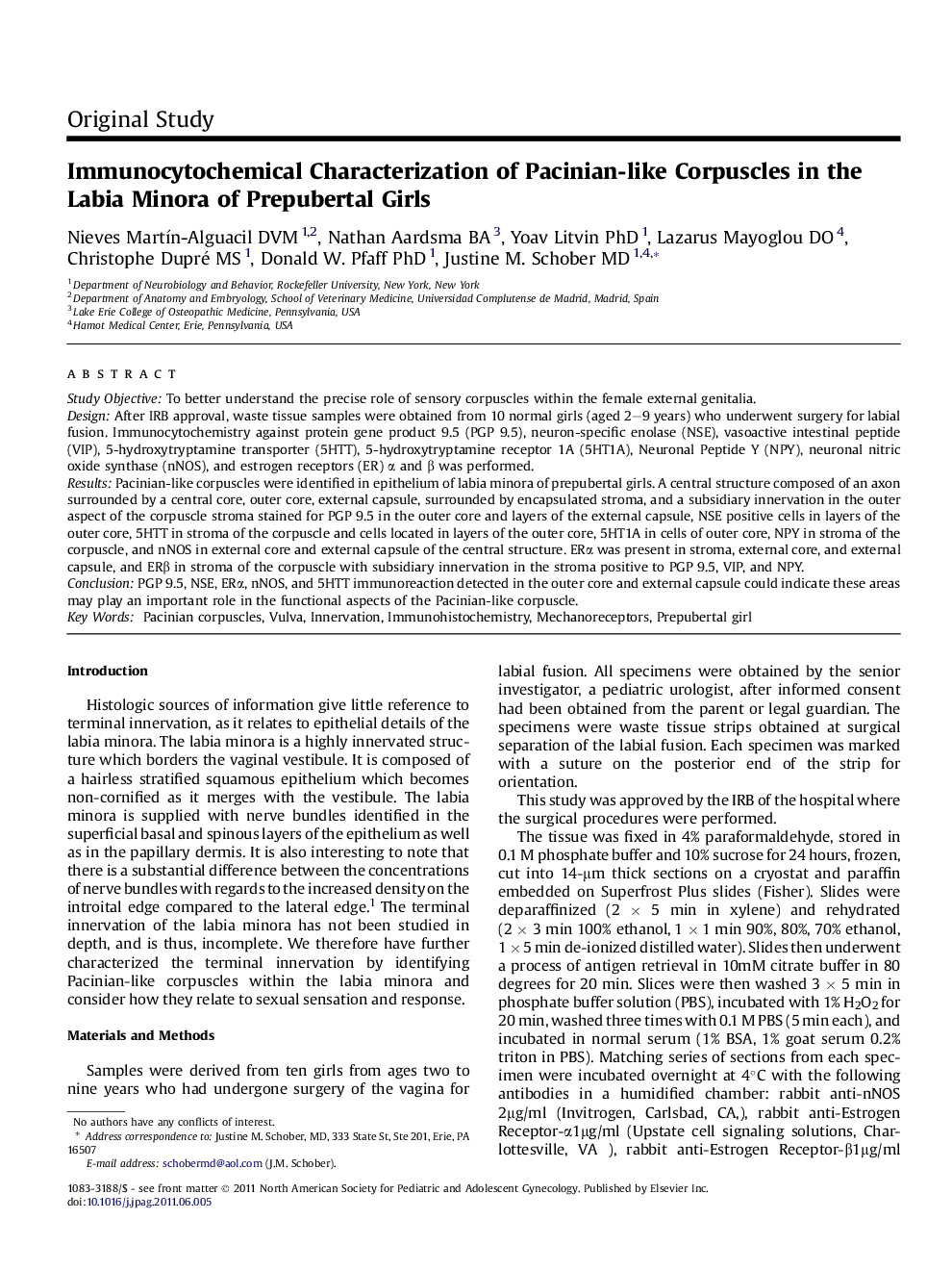 Immunocytochemical Characterization of Pacinian-like Corpuscles in the Labia Minora of Prepubertal Girls 