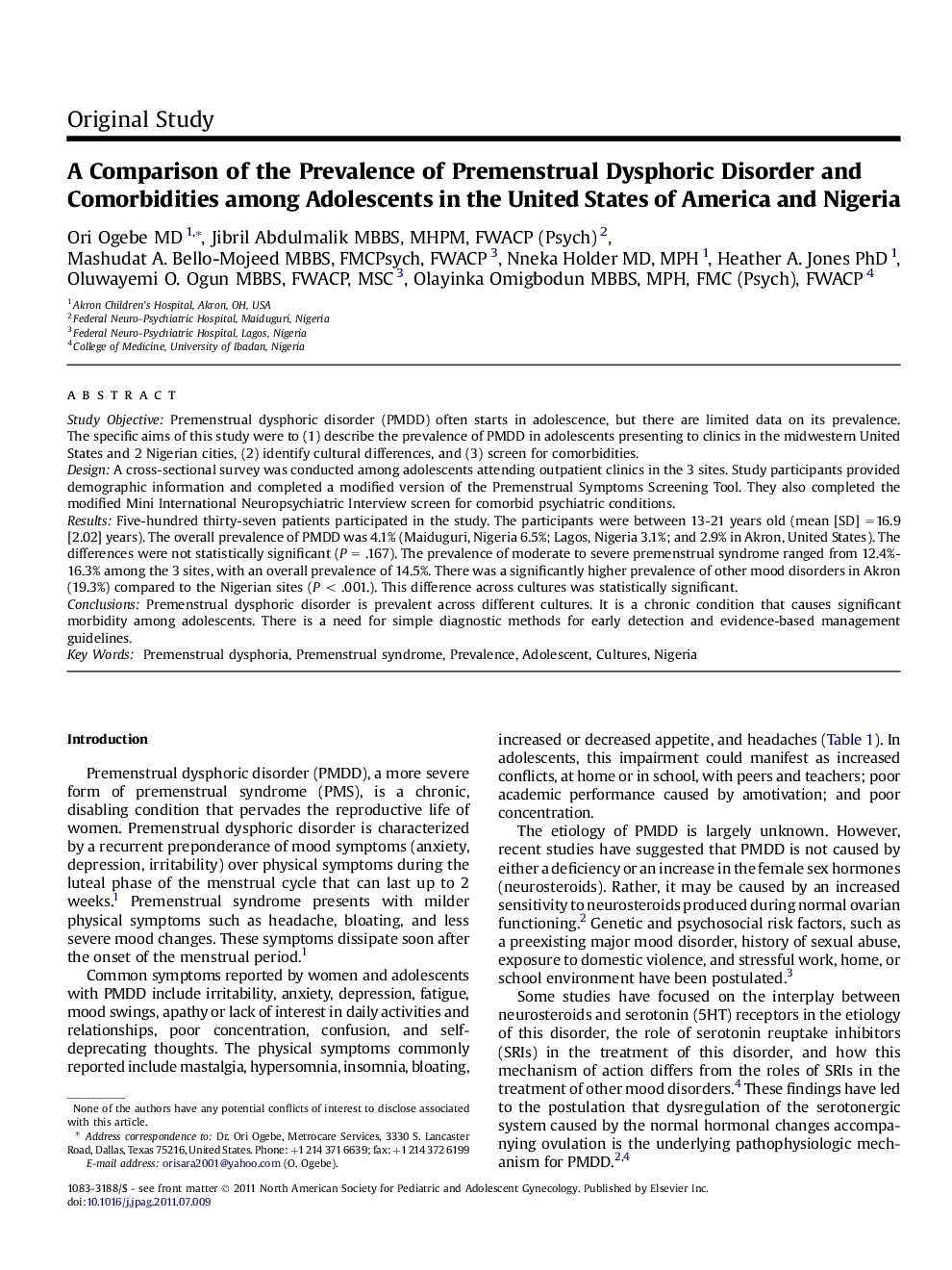 A Comparison of the Prevalence of Premenstrual Dysphoric Disorder and Comorbidities among Adolescents in the United States of America and Nigeria 