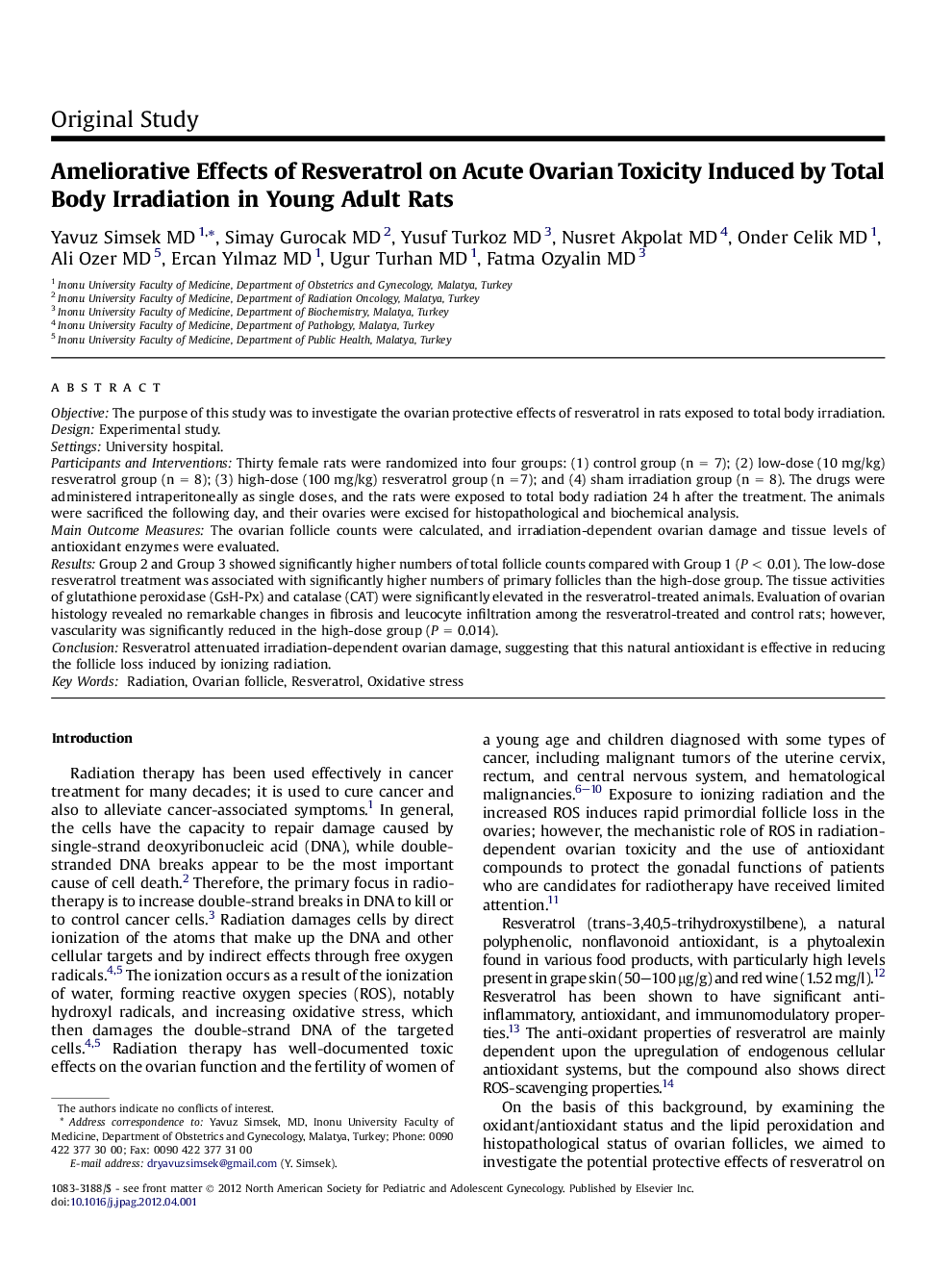 Ameliorative Effects of Resveratrol on Acute Ovarian Toxicity Induced by Total Body Irradiation in Young Adult Rats