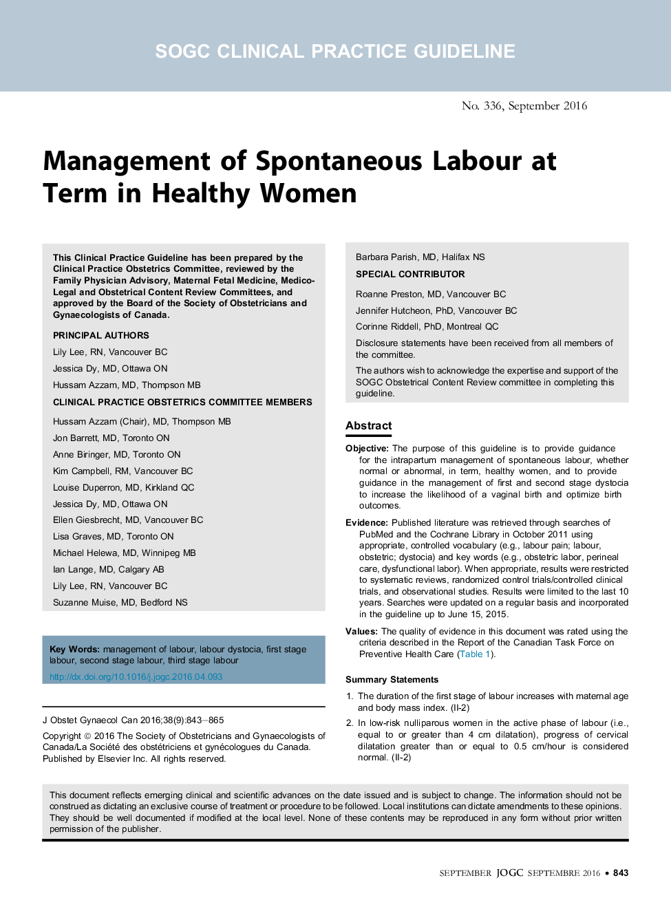 Management of Spontaneous Labour at TermÂ in Healthy Women