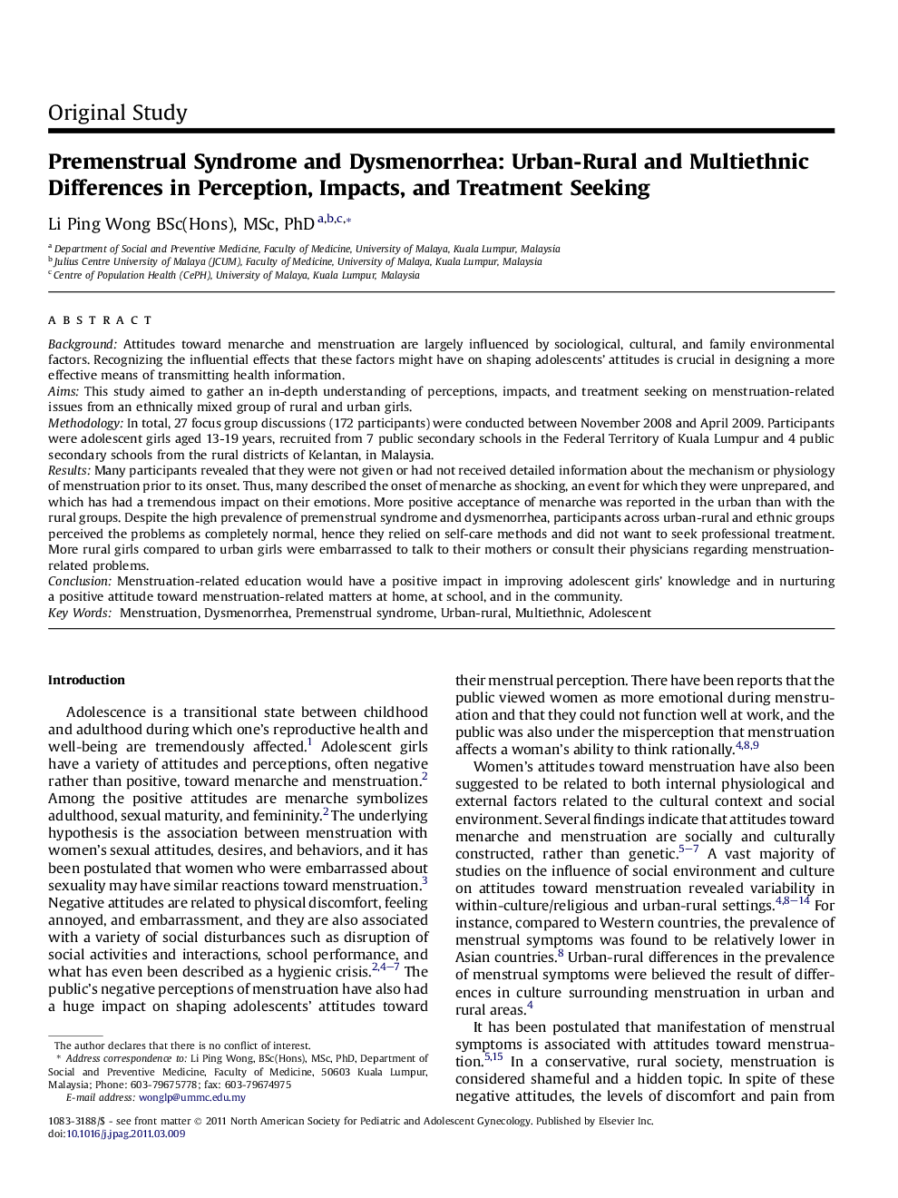 Premenstrual Syndrome and Dysmenorrhea: Urban-Rural and Multiethnic Differences in Perception, Impacts, and Treatment Seeking 