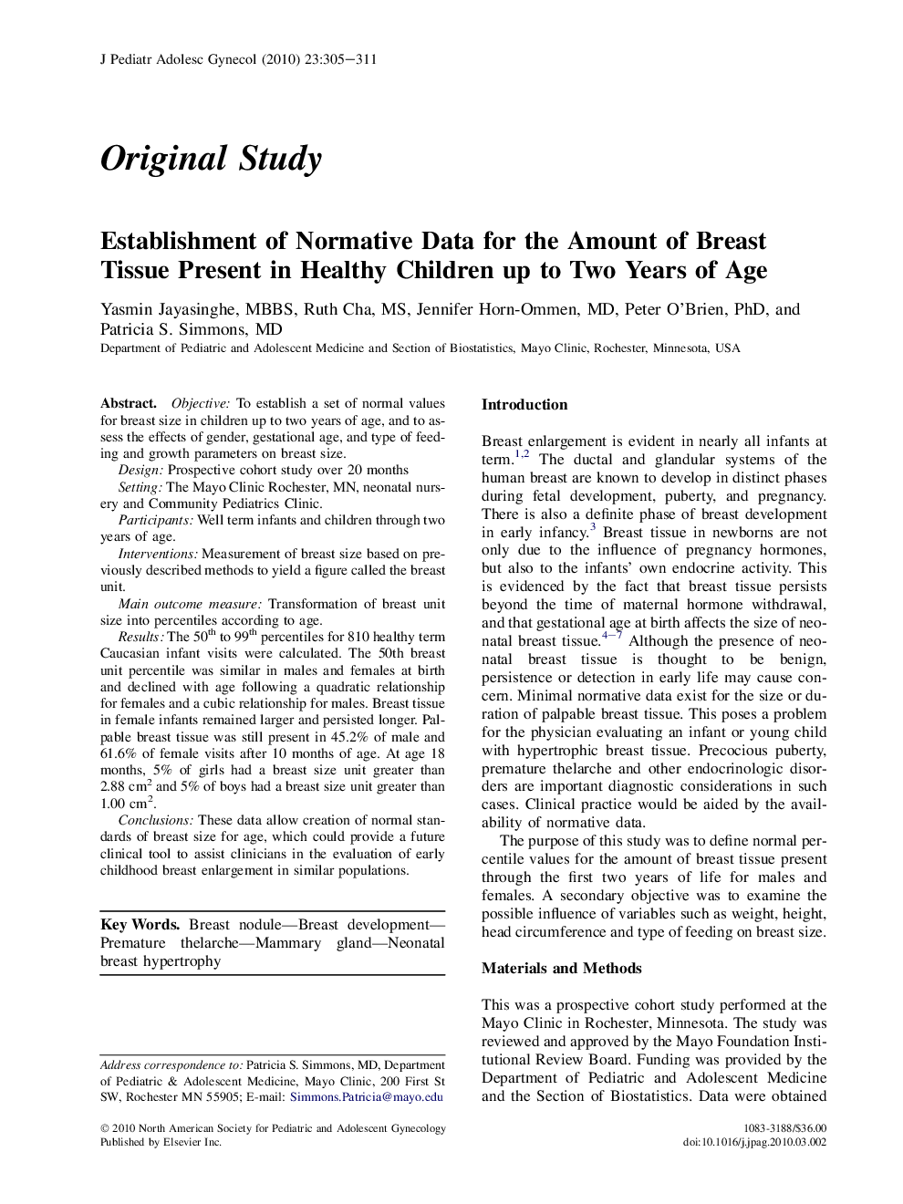 Establishment of Normative Data for the Amount of Breast Tissue Present in Healthy Children up to Two Years of Age