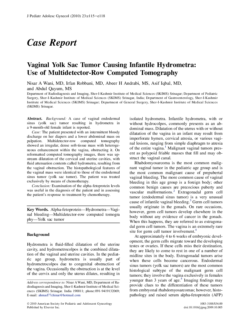 Vaginal Yolk Sac Tumor Causing Infantile Hydrometra: Use of Multidetector-Row Computed Tomography