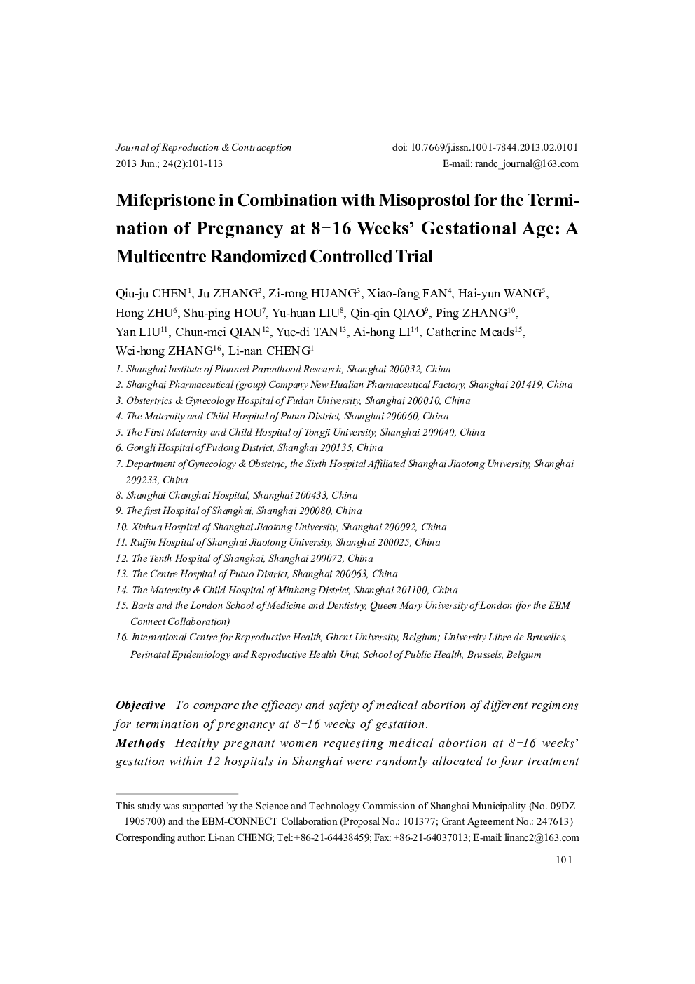 Mifepristone in Combination with Misoprostol for the Termination of Pregnancy at 8–16 Weeks' Gestational Age: A Multicentre Randomized Controlled Trial 