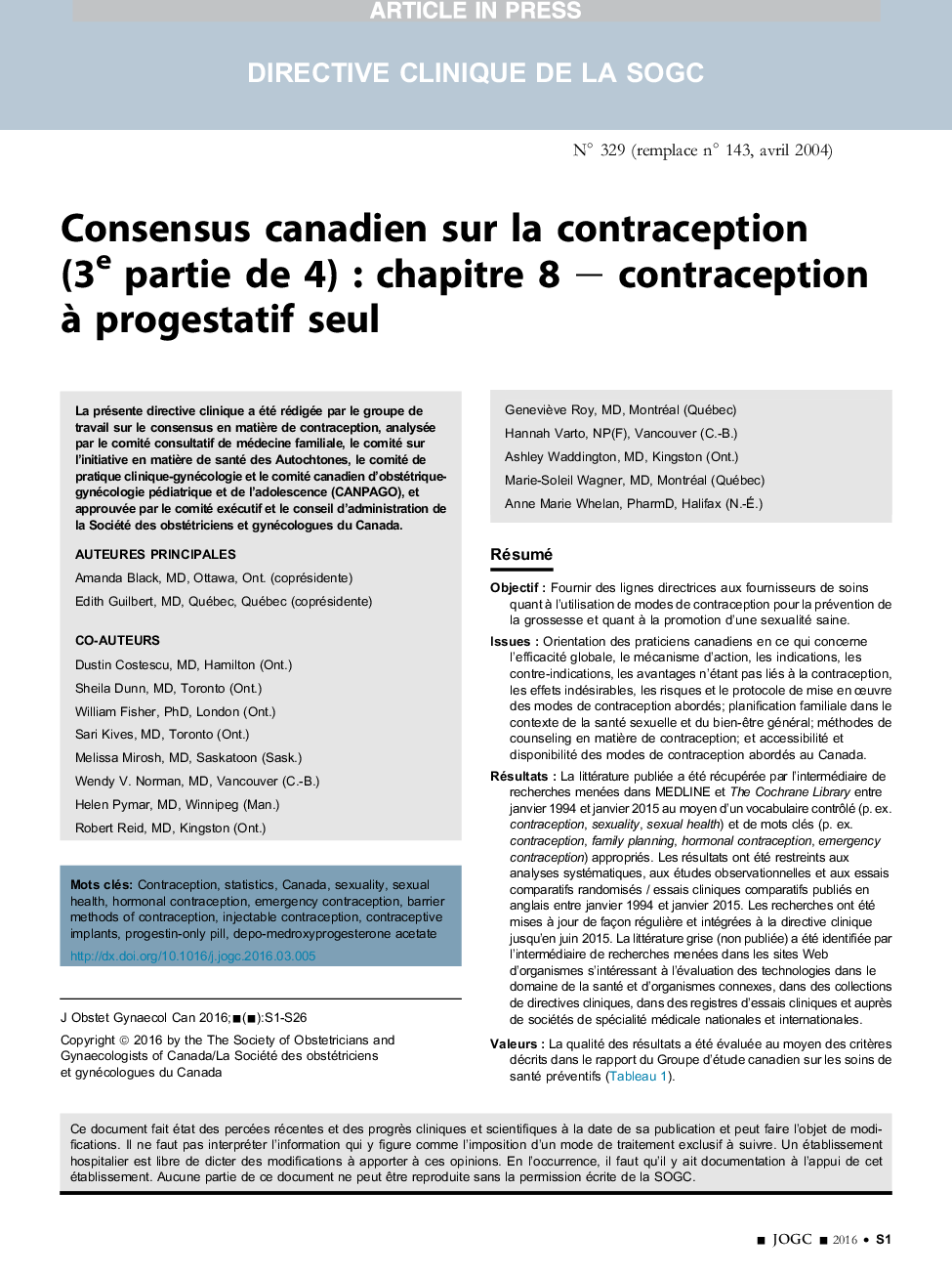 Consensus canadien sur la contraception (3e partie de 4) : chapitre 8 - contraception Ã Â progestatif seul