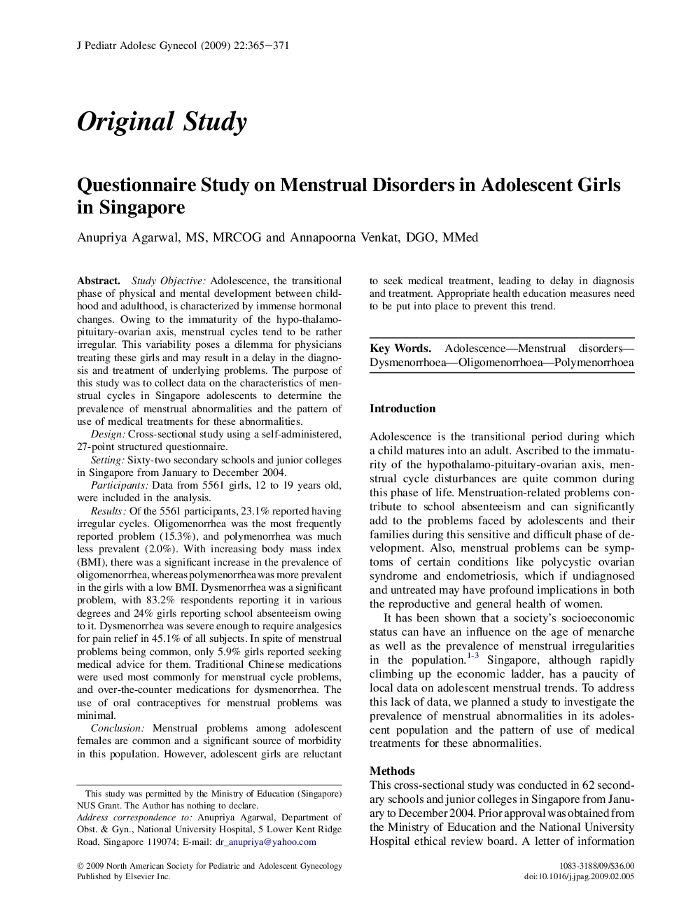 Questionnaire Study on Menstrual Disorders in Adolescent Girls in Singapore 