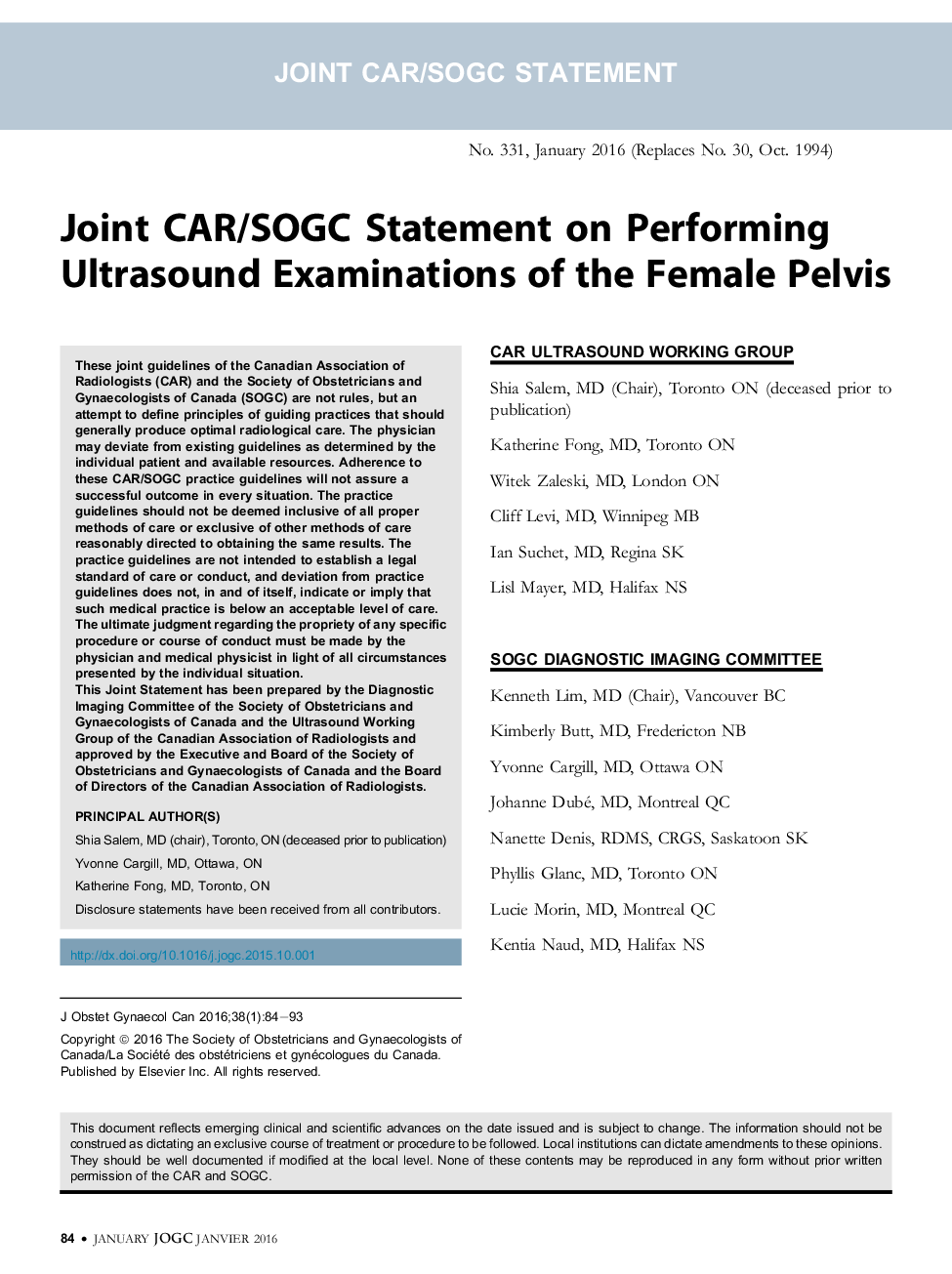 Joint CAR/SOGC Statement on Performing Ultrasound Examinations of the Female Pelvis