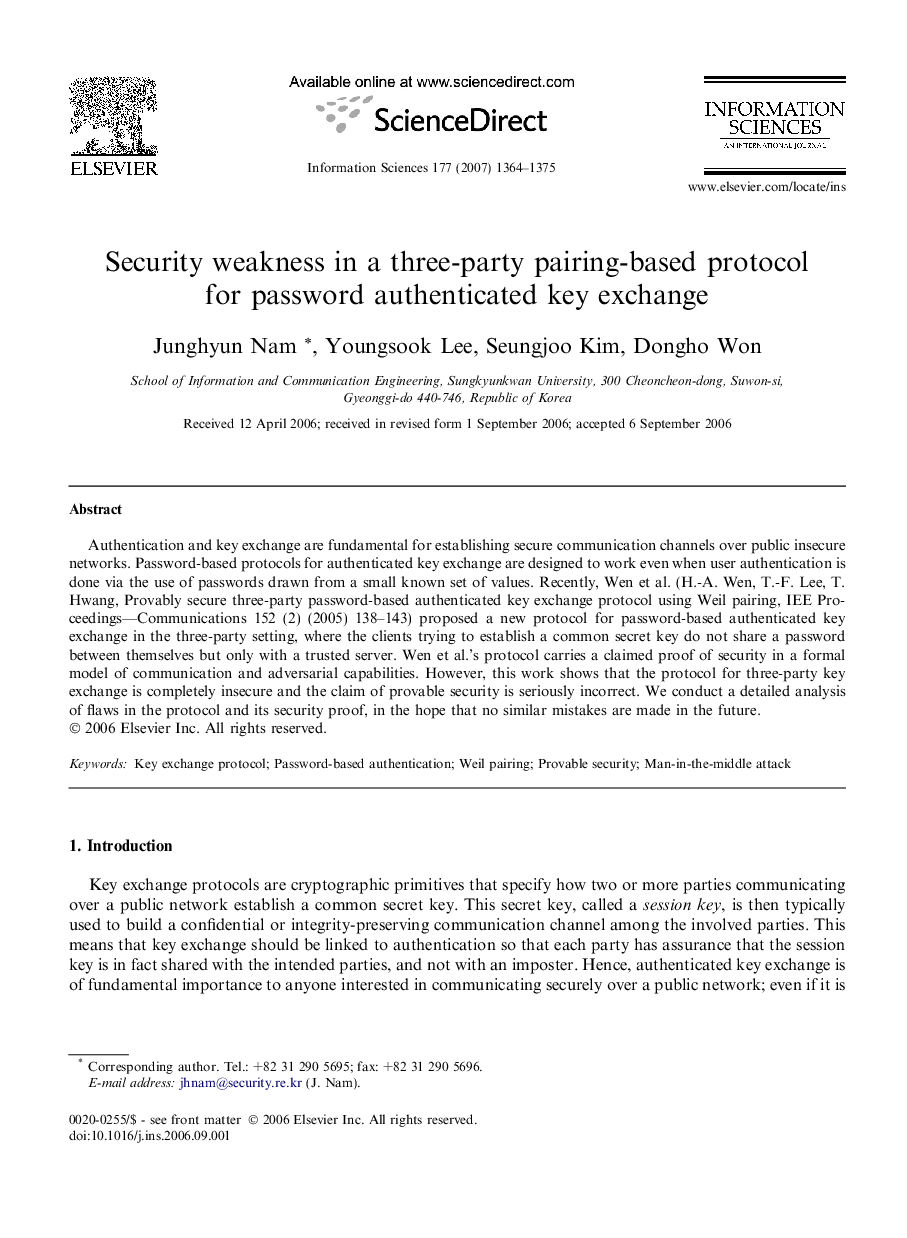 Security weakness in a three-party pairing-based protocol for password authenticated key exchange