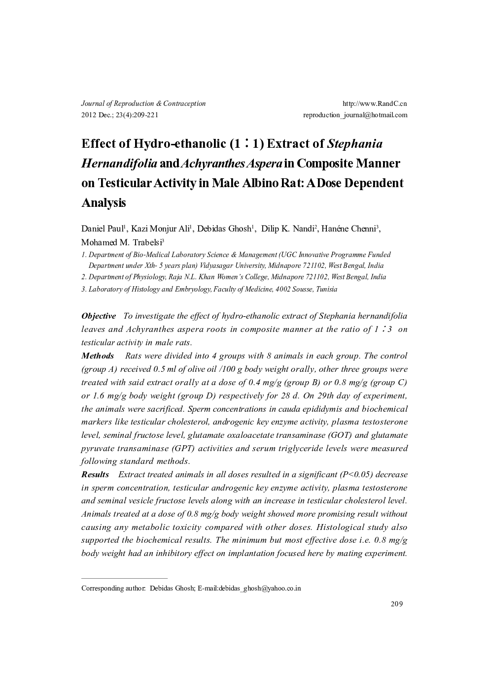 Effect of Hydro-ethanolic (1 : 1) Extract of Stephania Hernandifolia and Achyranthes Aspera in Composite Manner on Testicular Activity in Male Albino Rat: A Dose Dependent Analysis