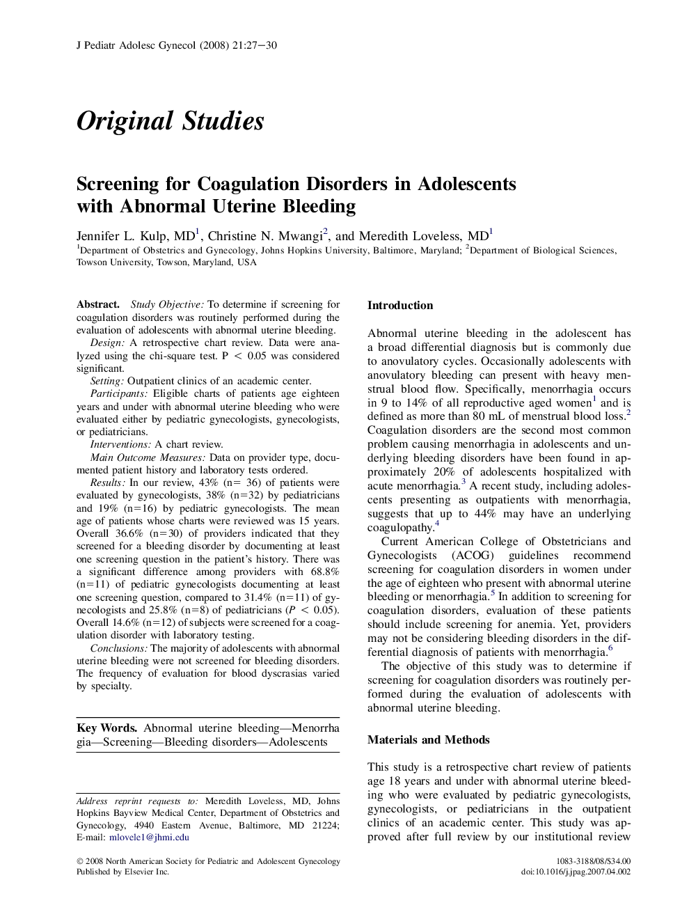 Screening for Coagulation Disorders in Adolescents with Abnormal Uterine Bleeding