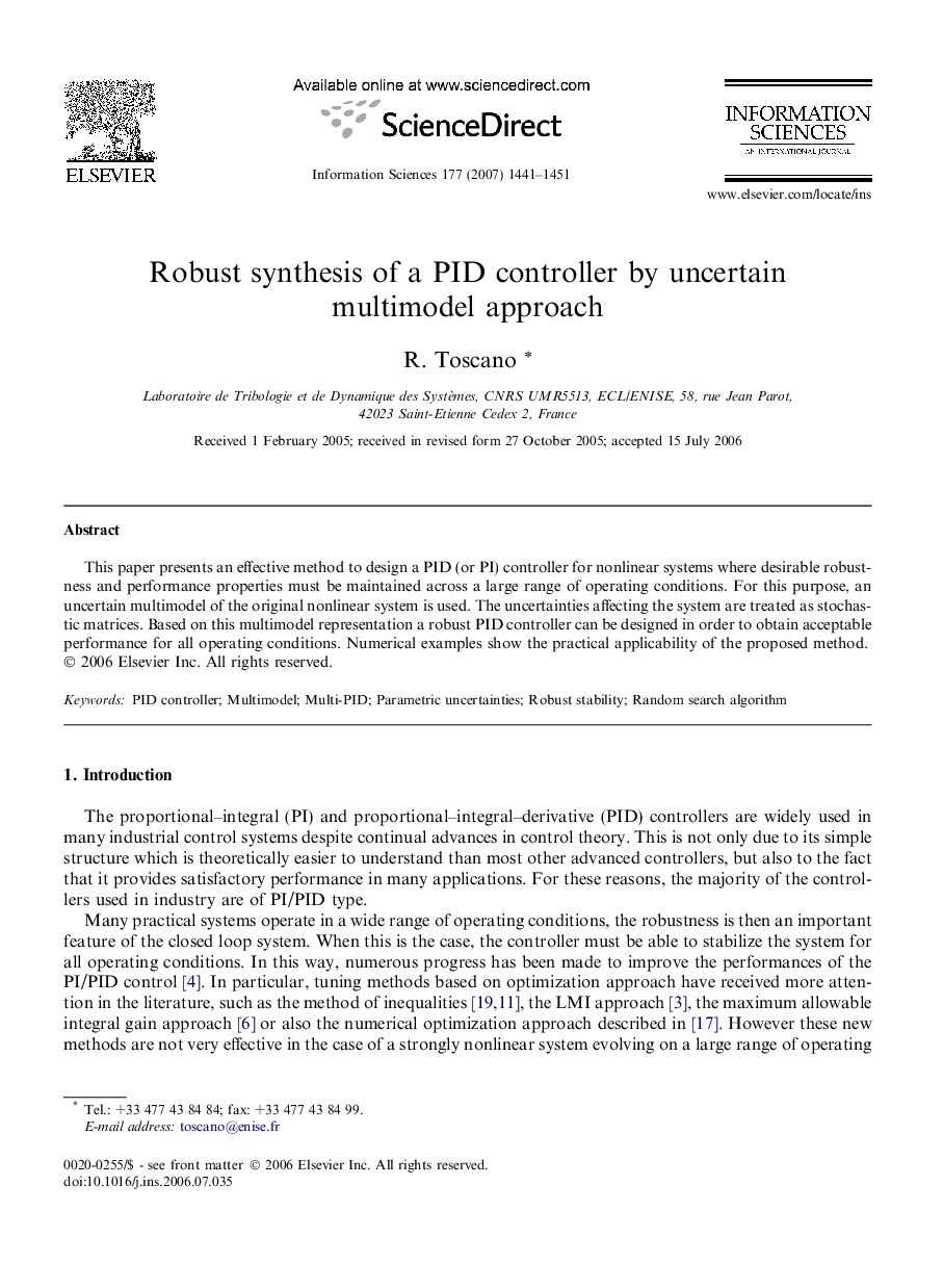 Robust synthesis of a PID controller by uncertain multimodel approach