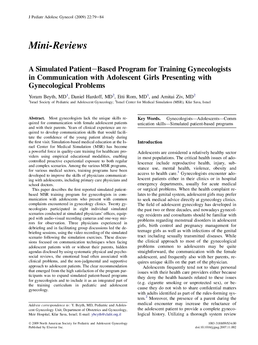 A Simulated Patient-Based Program for Training Gynecologists in Communication with Adolescent Girls Presenting with Gynecological Problems