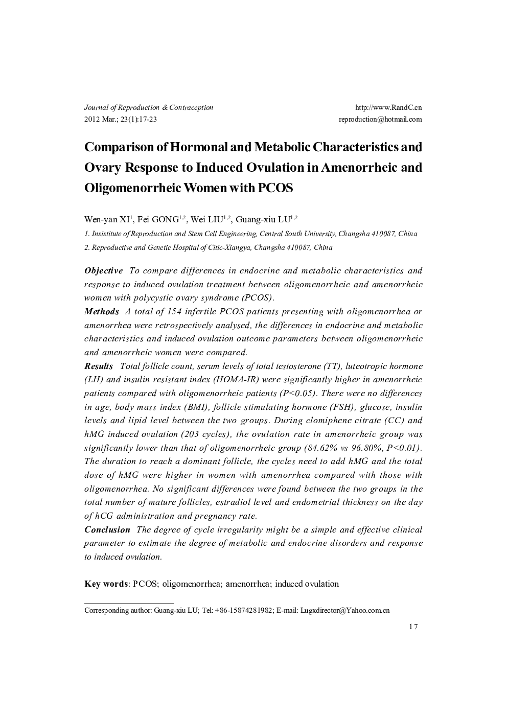 Comparison of Hormonal and Metabolic Characteristics and Ovary Response to Induced Ovulation in Amenorrheic and Oligomenorrheic Women with PCOS