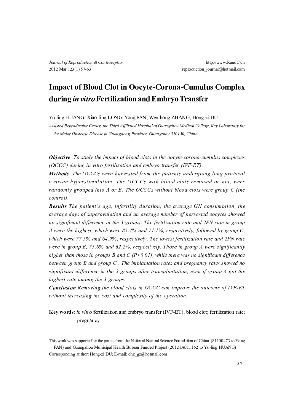 Impact of Blood Clot in Oocyte-Corona-Cumulus Complex during in vitro Fertilization and Embryo Transfer 