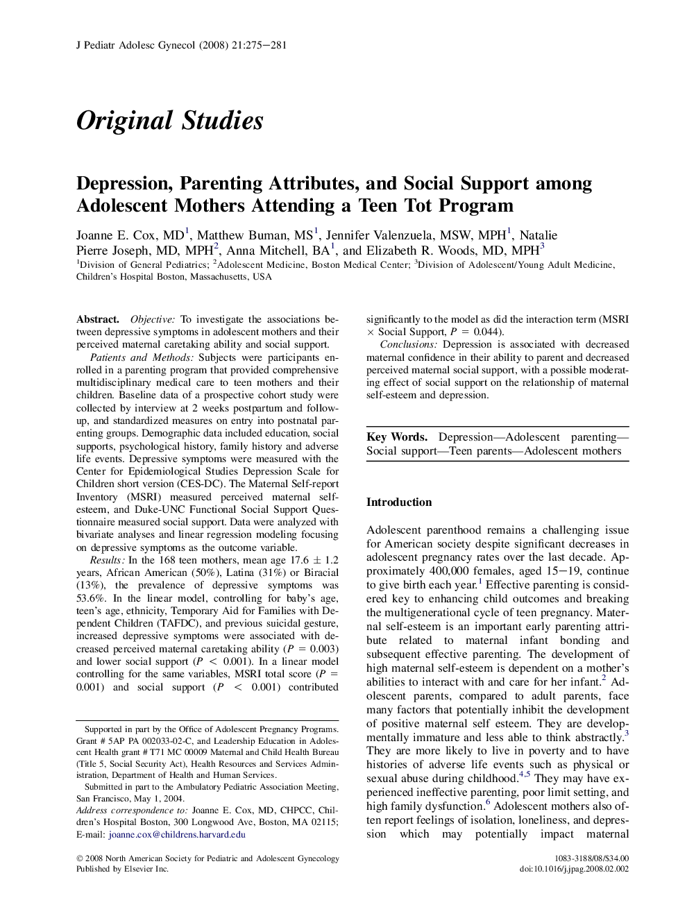 Depression, Parenting Attributes, and Social Support among Adolescent Mothers Attending a Teen Tot Program 