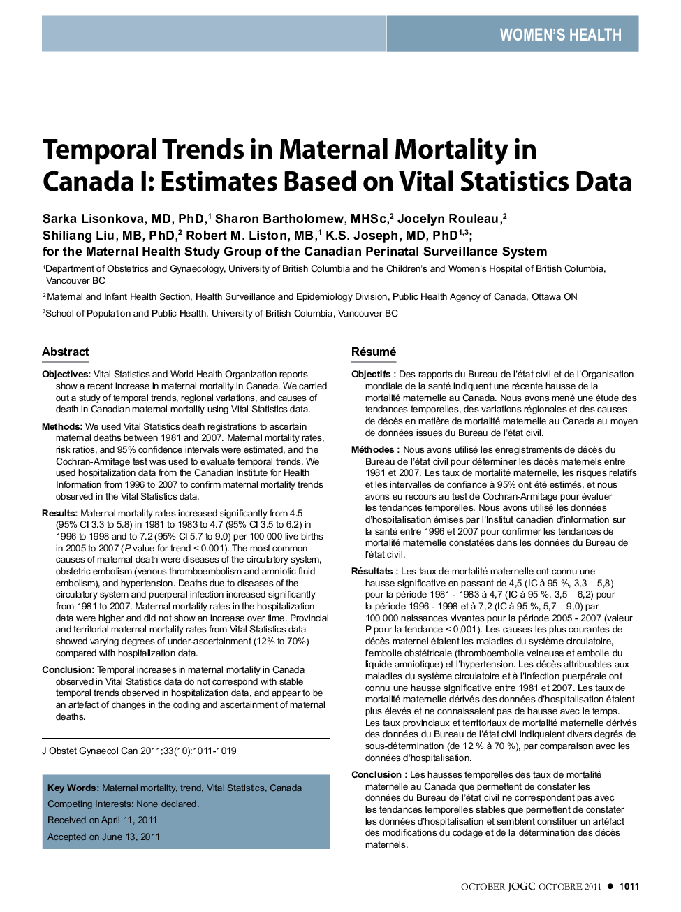 Temporal Trends in Maternal Mortality in Canada I: Estimates Based on Vital Statistics Data