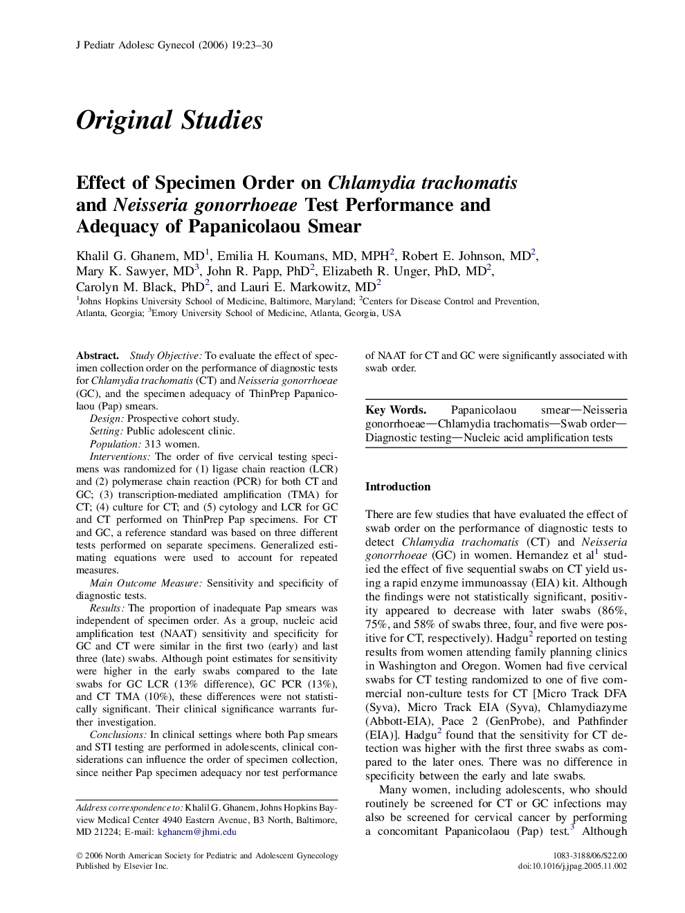 Effect of Specimen Order on Chlamydia trachomatis and Neisseria gonorrhoeae Test Performance and Adequacy of Papanicolaou Smear