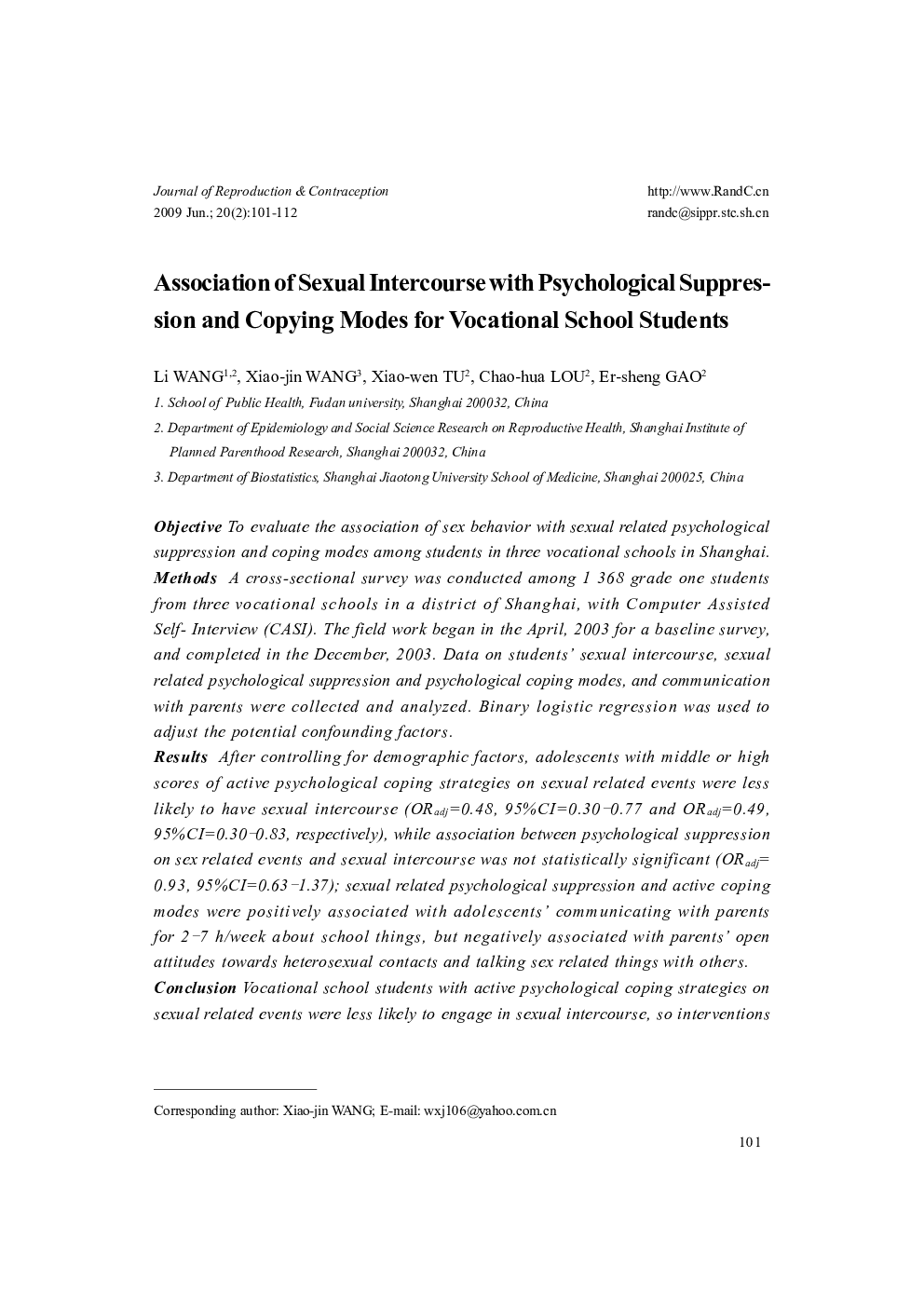 Association of Sexual Intercourse with Psychological Suppression and Copying Modes for Vocational School Students