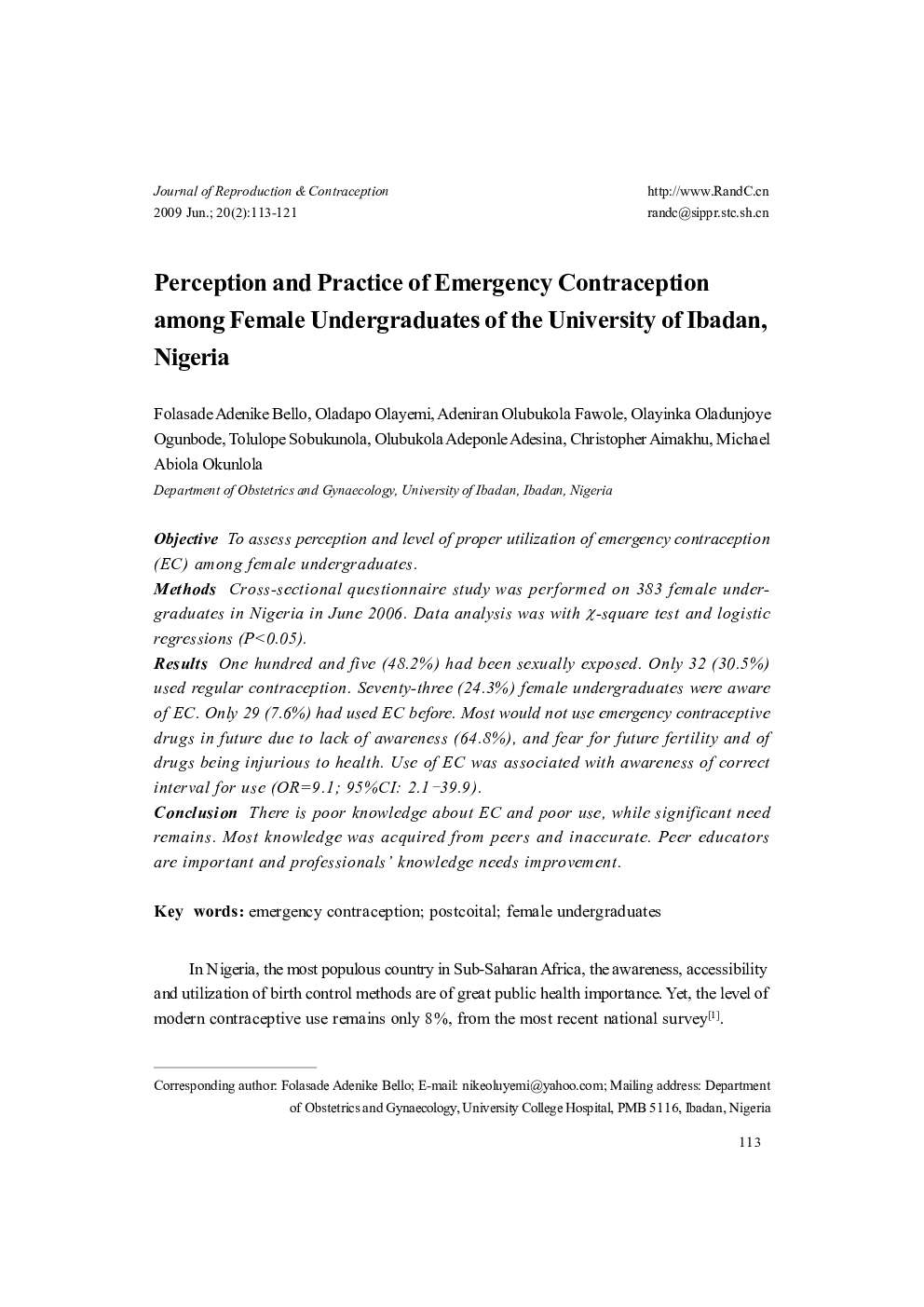 Perception and Practice of Emergency Contraception among Female Undergraduates of the University of Ibadan, Nigeria