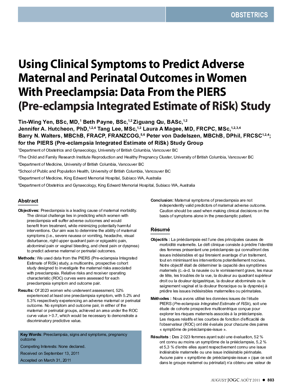 Using Clinical Symptoms to Predict Adverse Maternal and Perinatal Outcomes in Women With Preeclampsia: Data From the PIERS (Pre-eclampsia Integrated Estimate of RiSk) Study