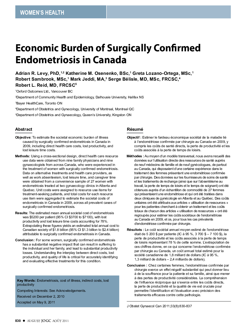 Economic Burden of Surgically Confirmed Endometriosis in Canada