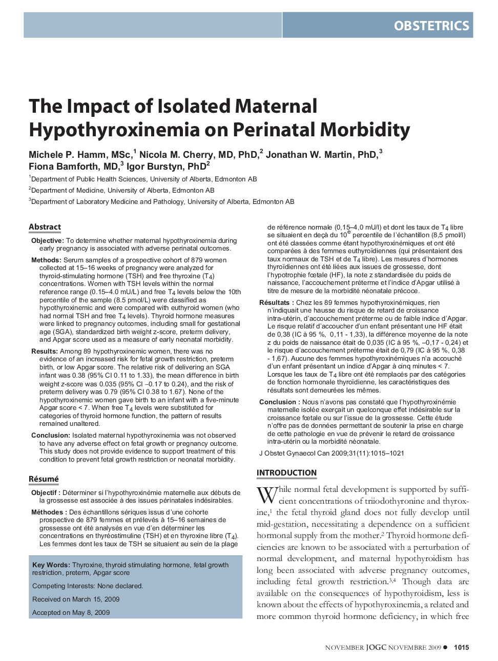 The Impact of Isolated Maternal Hypothyroxinemia on Perinatal Morbidity