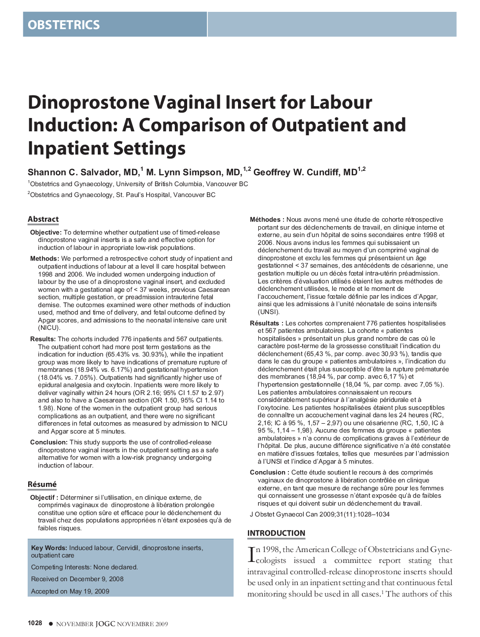Dinoprostone Vaginal Insert for Labour Induction: A Comparison of Outpatient and Inpatient Settings