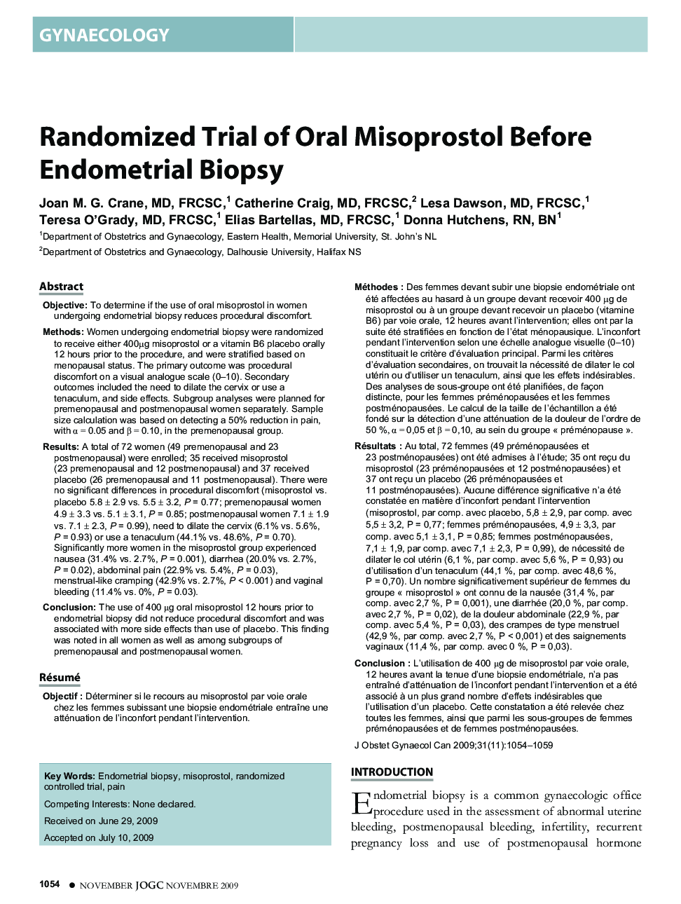 Randomized Trial of Oral Misoprostol Before Endometrial Biopsy