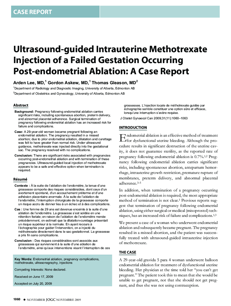 Ultrasound-guided Intrauterine Methotrexate Injection of a Failed Gestation Occurring Post-endometrial Ablation: A Case Report