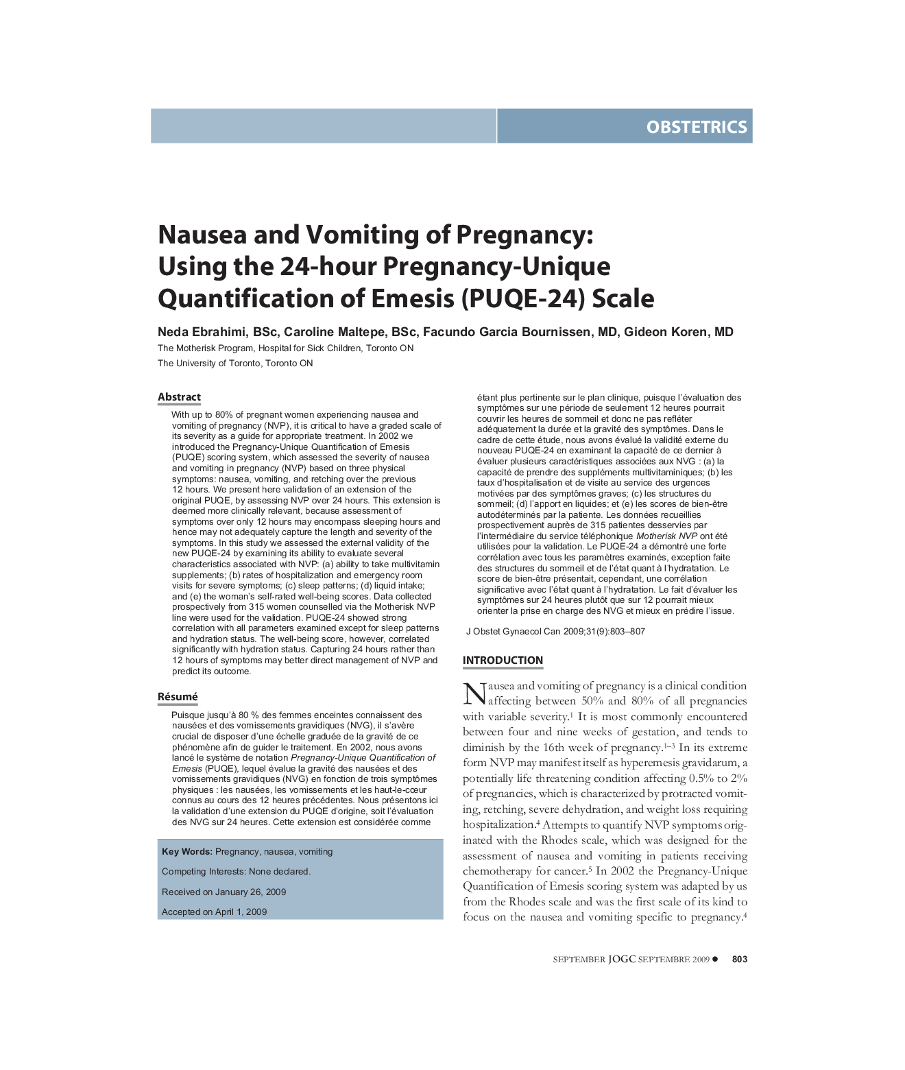 Nausea and Vomiting of Pregnancy: Using the 24-hour Pregnancy-Unique Quantification of Emesis (PUQE-24) Scale