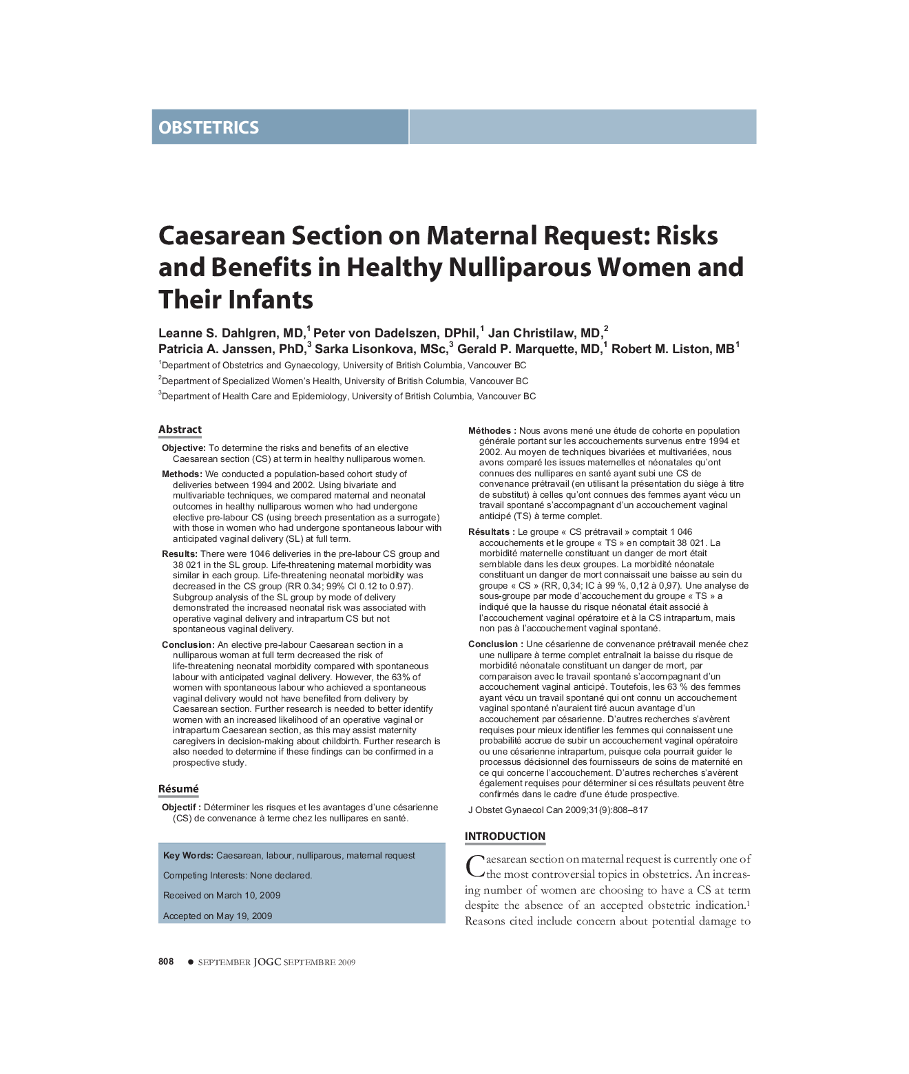 Caesarean Section on Maternal Request: Risks and Benefits in Healthy Nulliparous Women and Their Infants
