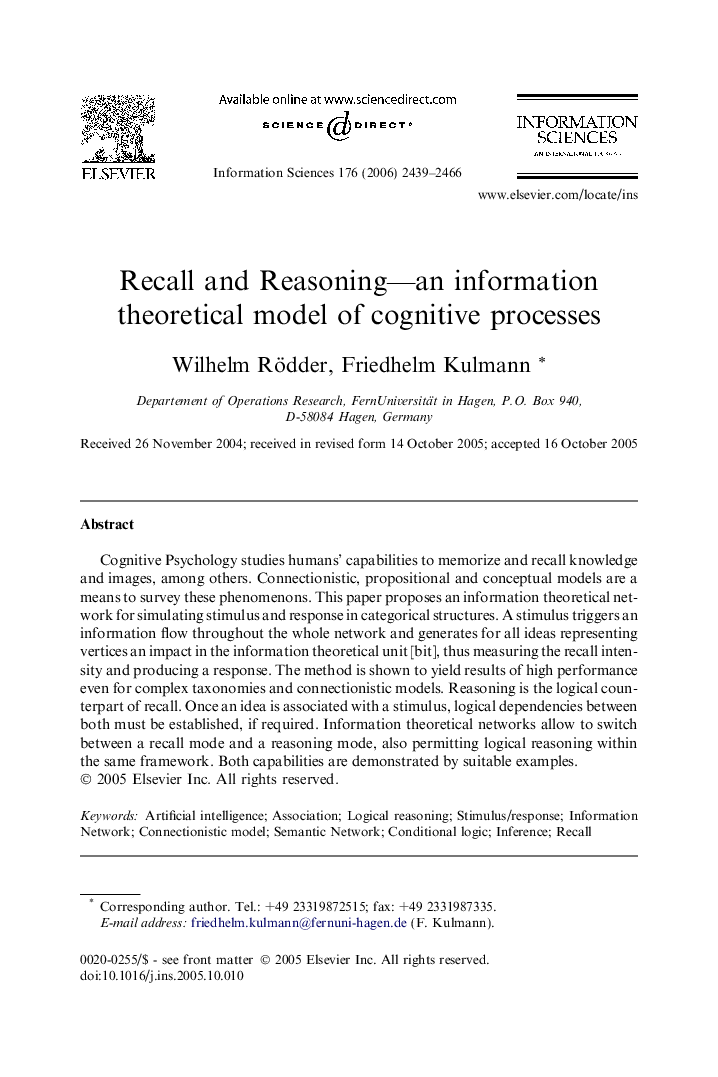 Recall and Reasoning—an information theoretical model of cognitive processes