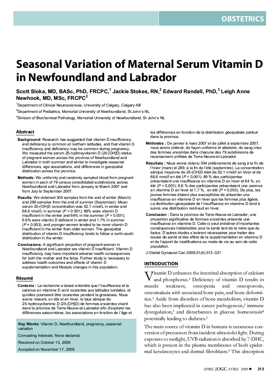 Seasonal Variation of Maternal Serum Vitamin D in Newfoundland and Labrador