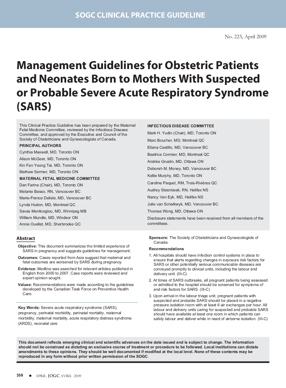 Management Guidelines for Obstetric Patients and Neonates Born to Mothers With Suspected or Probable Severe Acute Respiratory Syndrome (SARS)