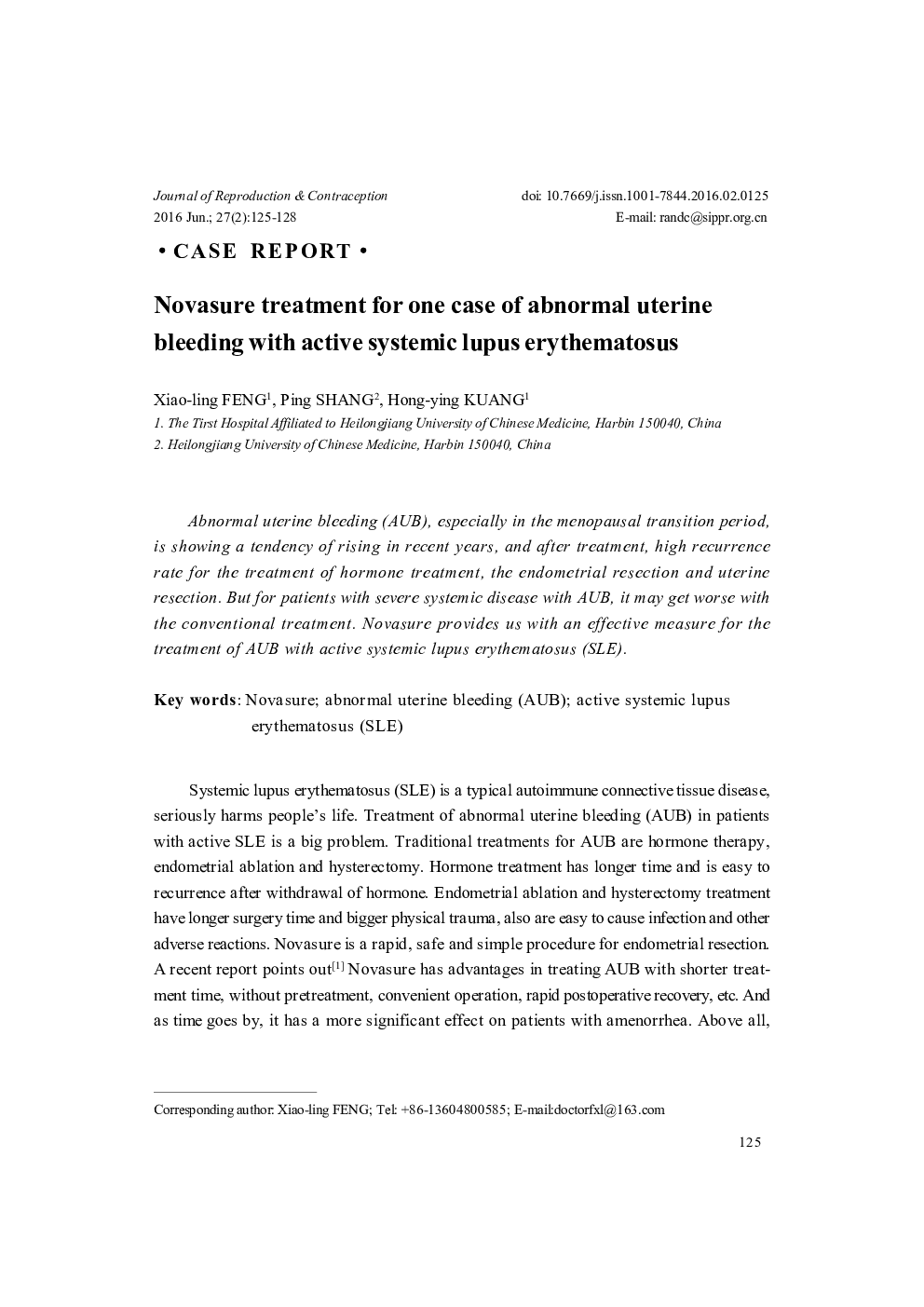 Novasure treatment for one case of abnormal uterine bleeding with active systemic lupus erythematosus