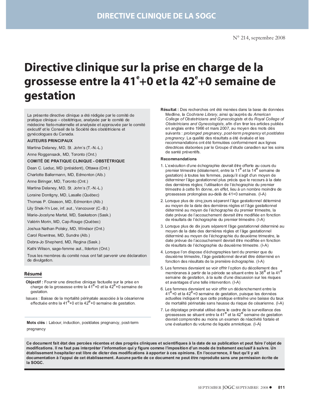 Directive clinique sur la prise en charge de la grossesse entre la 41e+0 et la 42e+0 semaine de gestation